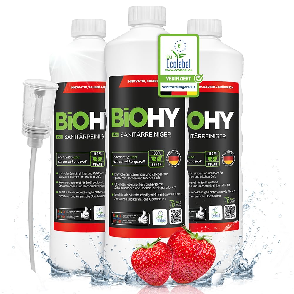BiOHY Detergente per bagno Plus (3 bottiglie da 1l) + Distributore | Concentrato decalcificante per ambienti sanitari | profumo gradevole e fresco | EXTRA FORTE (Sanitärreiniger Plus)