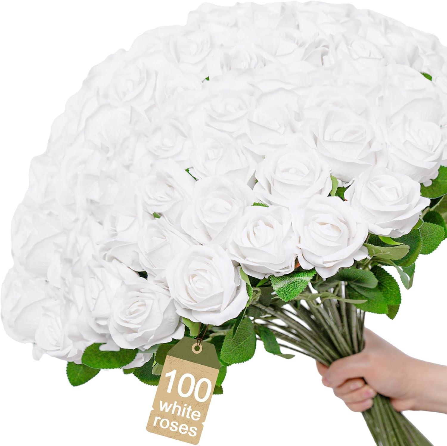 [100]Pcs Realistic Artificial flowers White Roses Bulk, Silk Flowers for wedding decorations & Home Decor, Bridal Bouquets & Centerpieces, Perfect for Halloween & Valentine's Day Decorations (100)