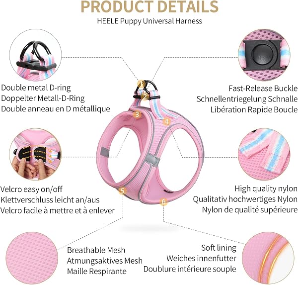 HEELE Arnes Perro Pequeño con Lineas Reflecantes Arnés Perro Antitirones Ajustable Suave Acolchado Cómodo para Viajar Pasear con Mascota, Rosa, S - 2