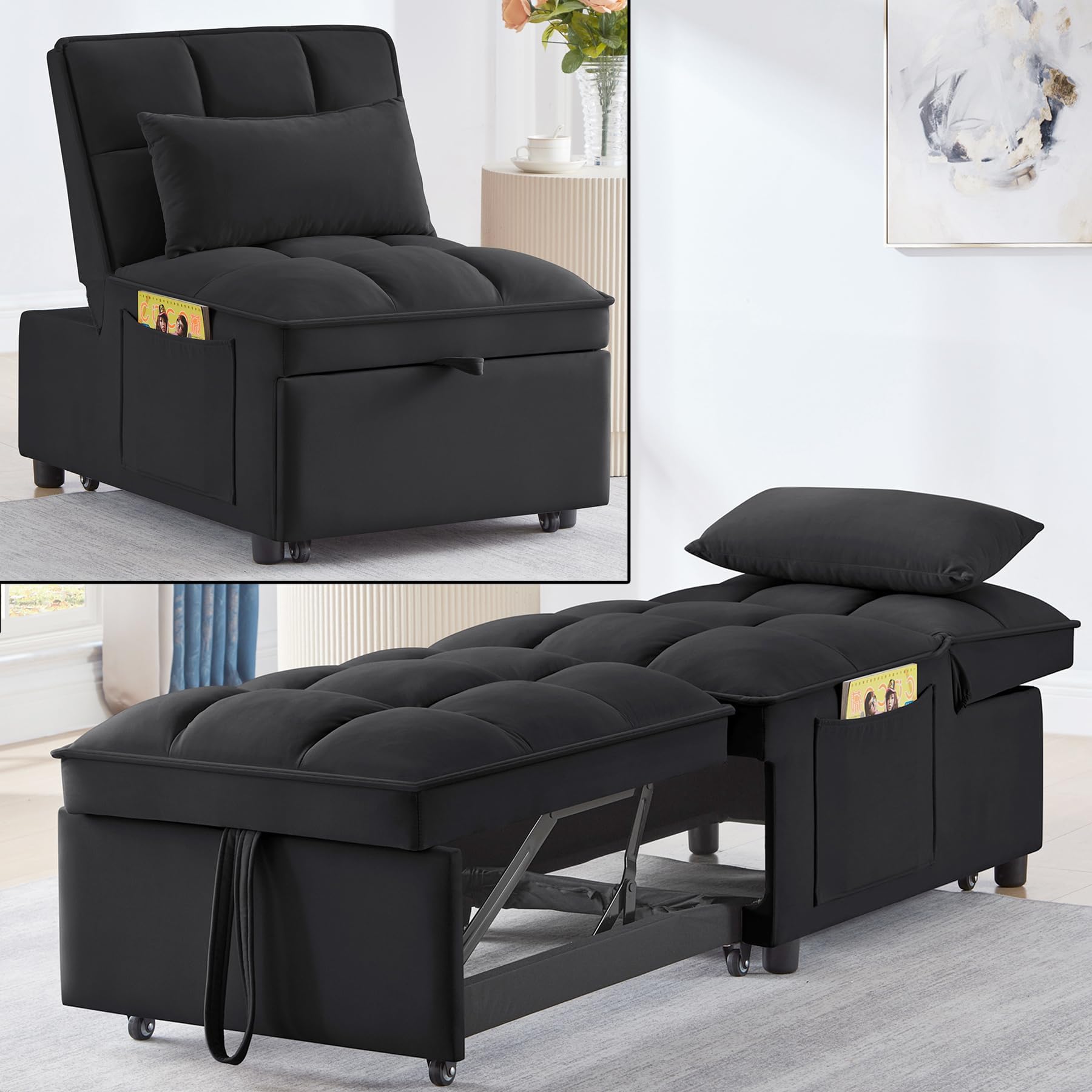 4 in 1 Sleeper Chair with Pullout Bed,Convertible Lazy Sleeper Sofa Chair withStorage Pockets & Adiustable Backrest forLiving Room (Black)
