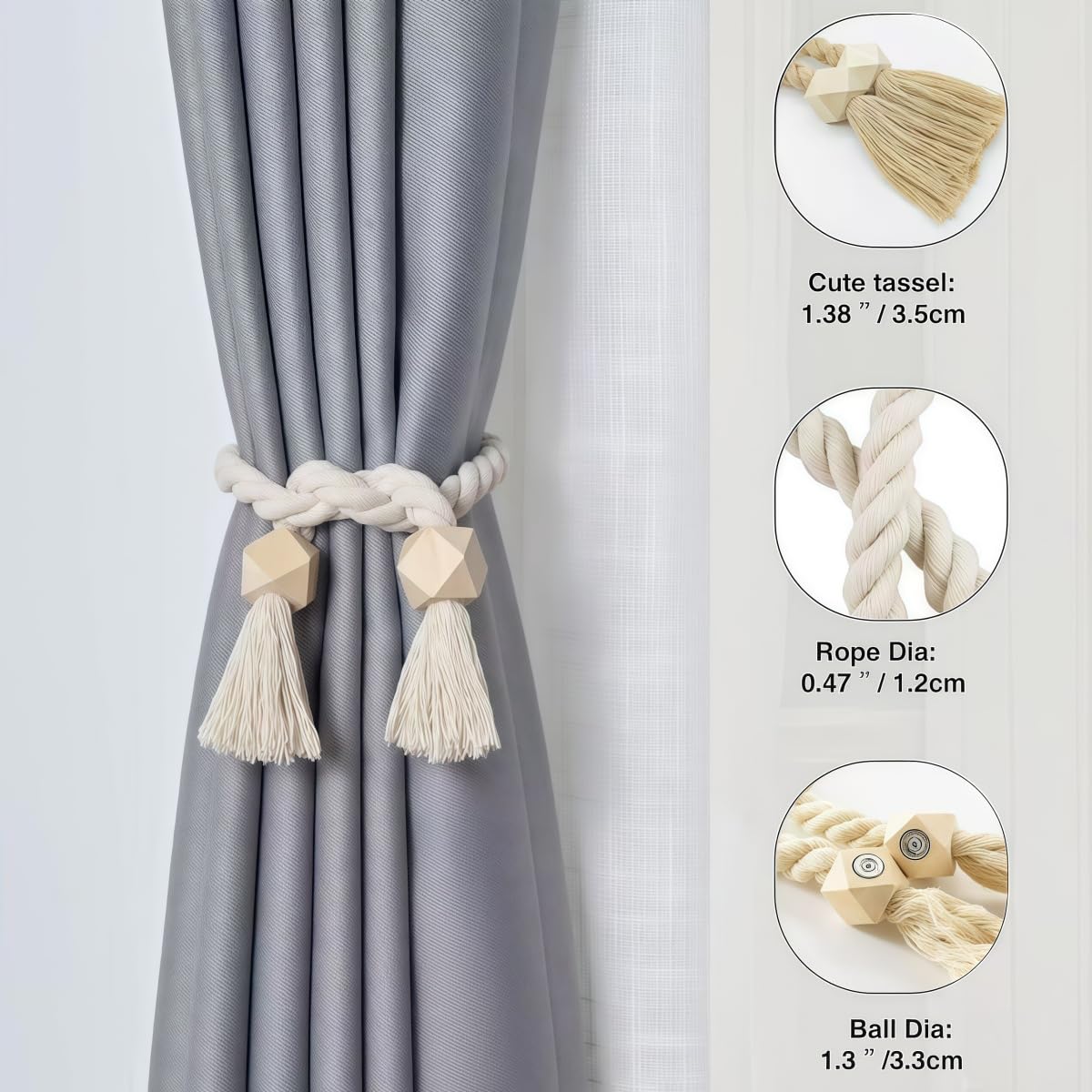 Draperia Wiązania Zestaw 4 Kwadratowych Magnetycznych Zatrzasków do Zasłon Z Bawełnianego Sznurka 64.5cm Bez Wiercenia Brązowy