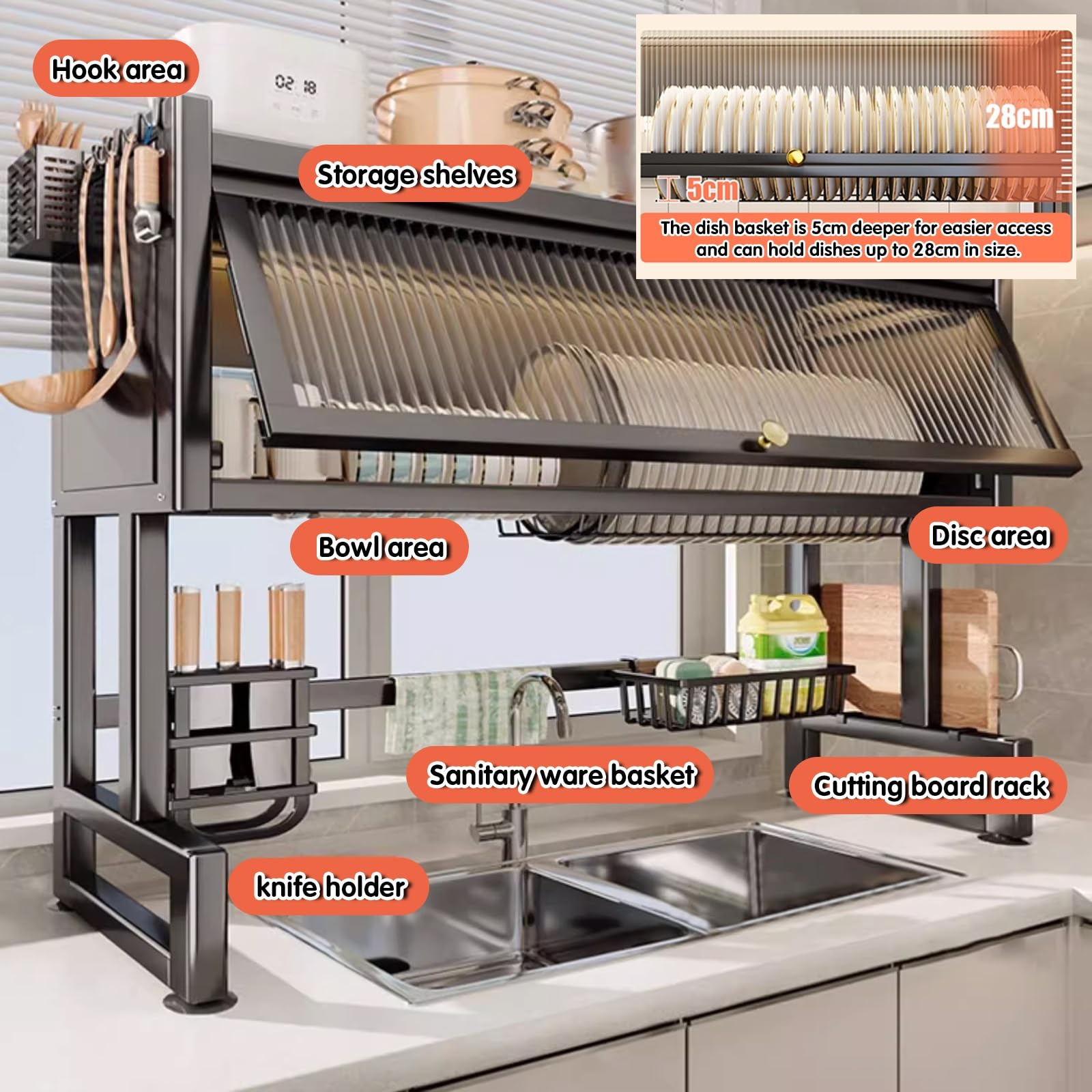 Scolapiatti da cucina in acciaio sopra il lavello, scolapiatti per bancone, include bacchette, coltello, supporto per tagliere, ante in acrilico, organizer