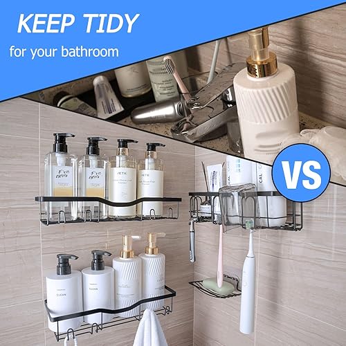 Miniatura 4 de Paquete de 6 cestas de ducha adhesivas anti-columpio estantes de ducha organizador de ducha a prueba de óxido organizador de baño con 13 ganchos