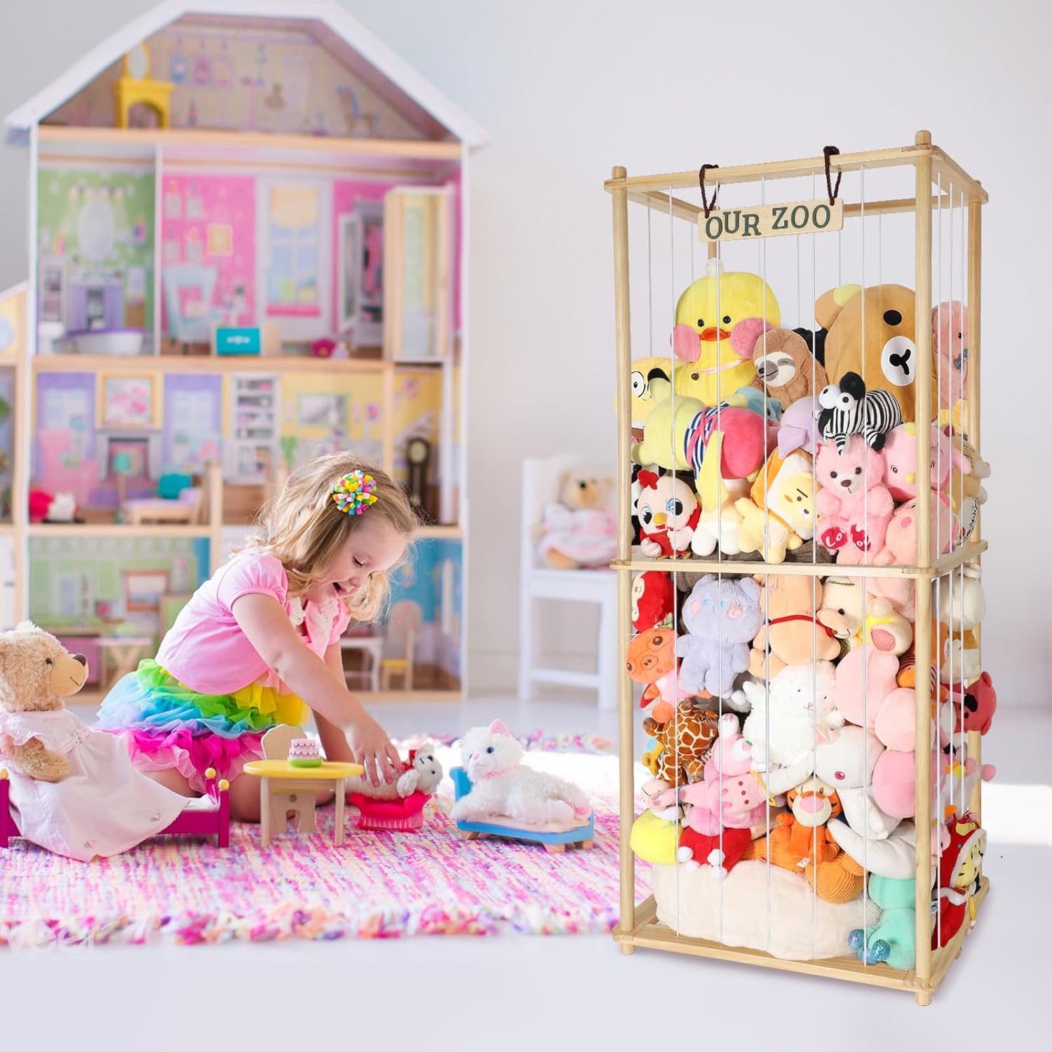 63” Large Stuffed Animal Storage for Children-Wood Plush Storage Organizer Shelf with Elastic Cord for Birthday Gift for Toddler Baby Kid, Play Room Decor Corner - Image 2