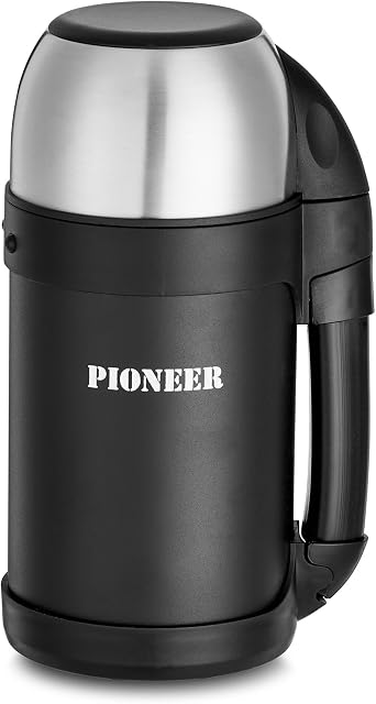 Pioneer Outdoor Vacuum Insulated Flask, Leakproof Double Walled Stainless Steel 8 Hours Hot or Cold with Extendable Handle, Strap and Mug - Black, 1 Litre