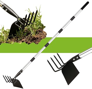 Long Hand Cultivator, 2-in-1 Hand Tiller and Garden Hoe for Gardening | KLDOLLAR Heavy Duty Weeding Tool for Raised Beds, Long Handle Garden Hoe Soil Loosener for Flower & Vegetable Gardens