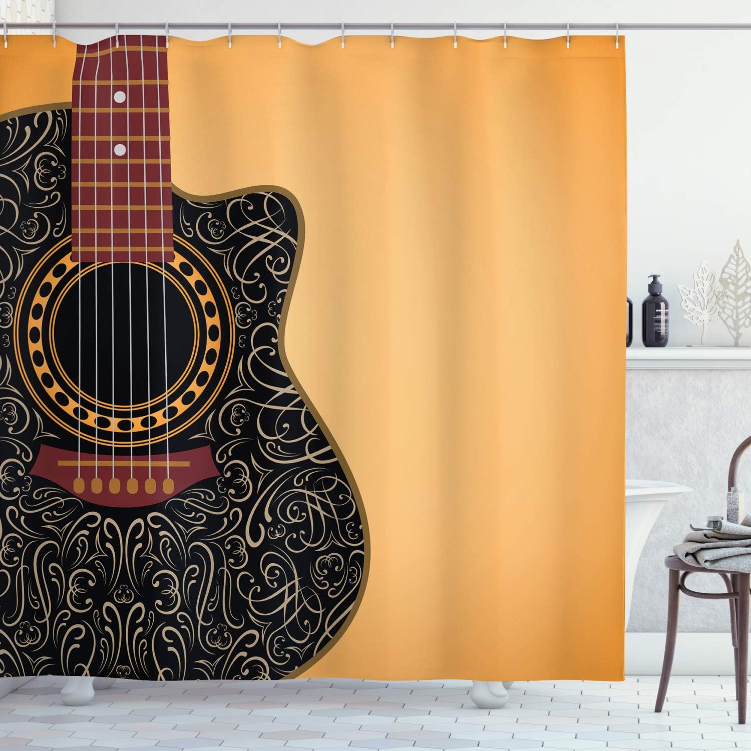 Ambesonne Guitar Shower Curtain, Clipped Guitar with Vintage Floral Folk Ornaments Musician Hobbies, Cloth Fabric Bathroom Decor Set with Hooks, 69" W x 75" L, Pale Orange Black Maroon