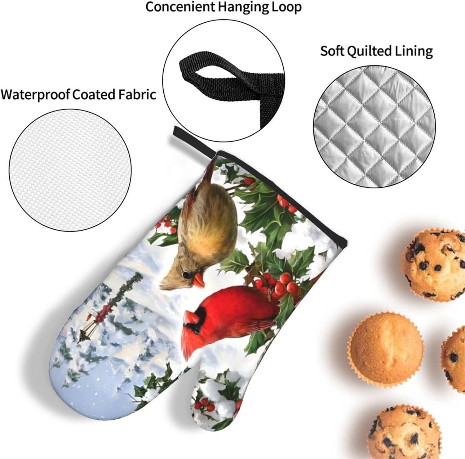 Winter Cardinal Christmas Oven Mitts and Pot Holders Sets of 3,Heat Resistant Hot Pads Oven Gloves for Cooking Grilling Baking, Christmas Kitchen Decor, for Women - Image 5