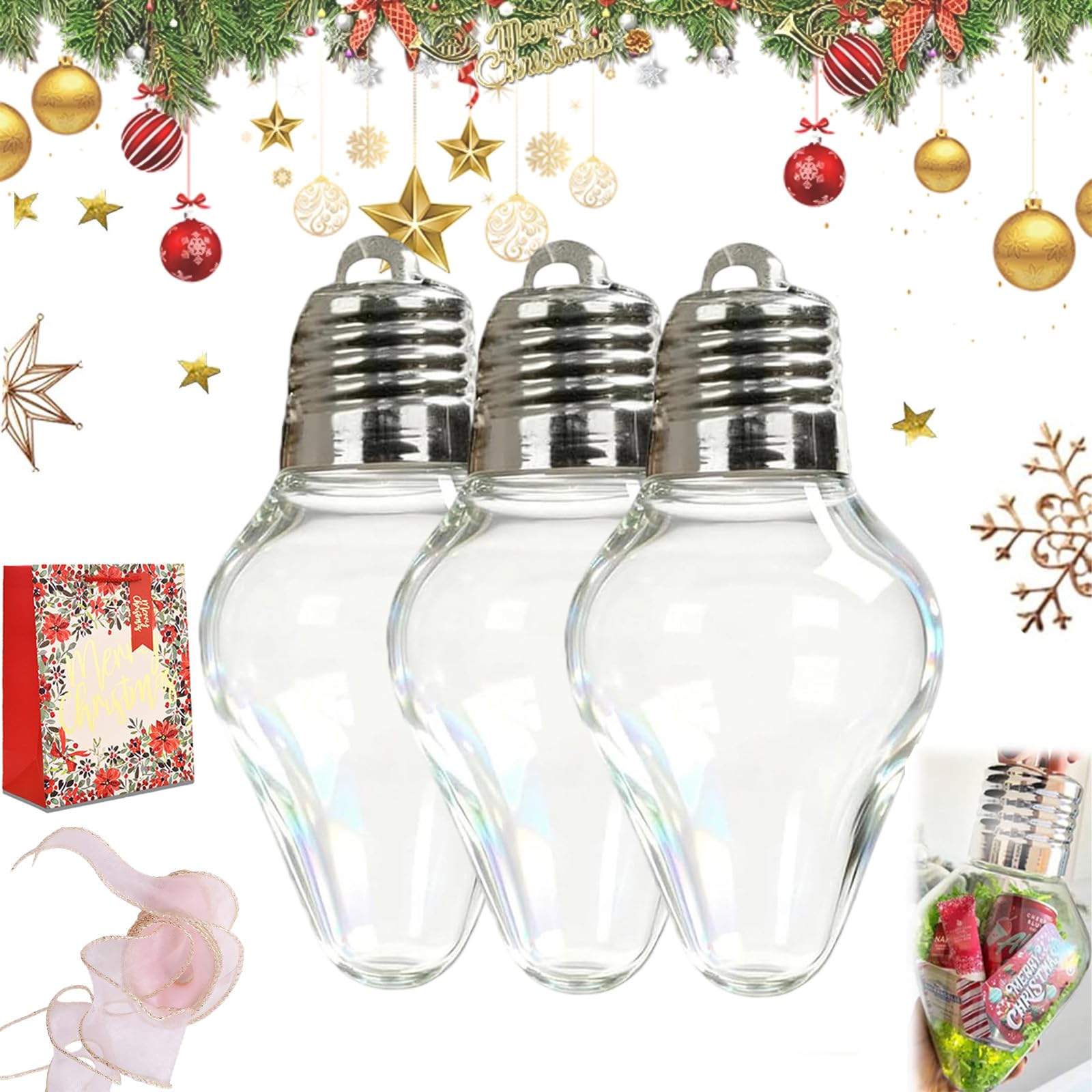Christmas Bulb Gift Jar, 2026 New Plastic Fillable Giant Christmas Light Bulb Gift Jar, Jumbo Clear Plastic Ornament Fillable Gifts Jars with Lid, for Candy, Crafts, Party Favors (3pcs)