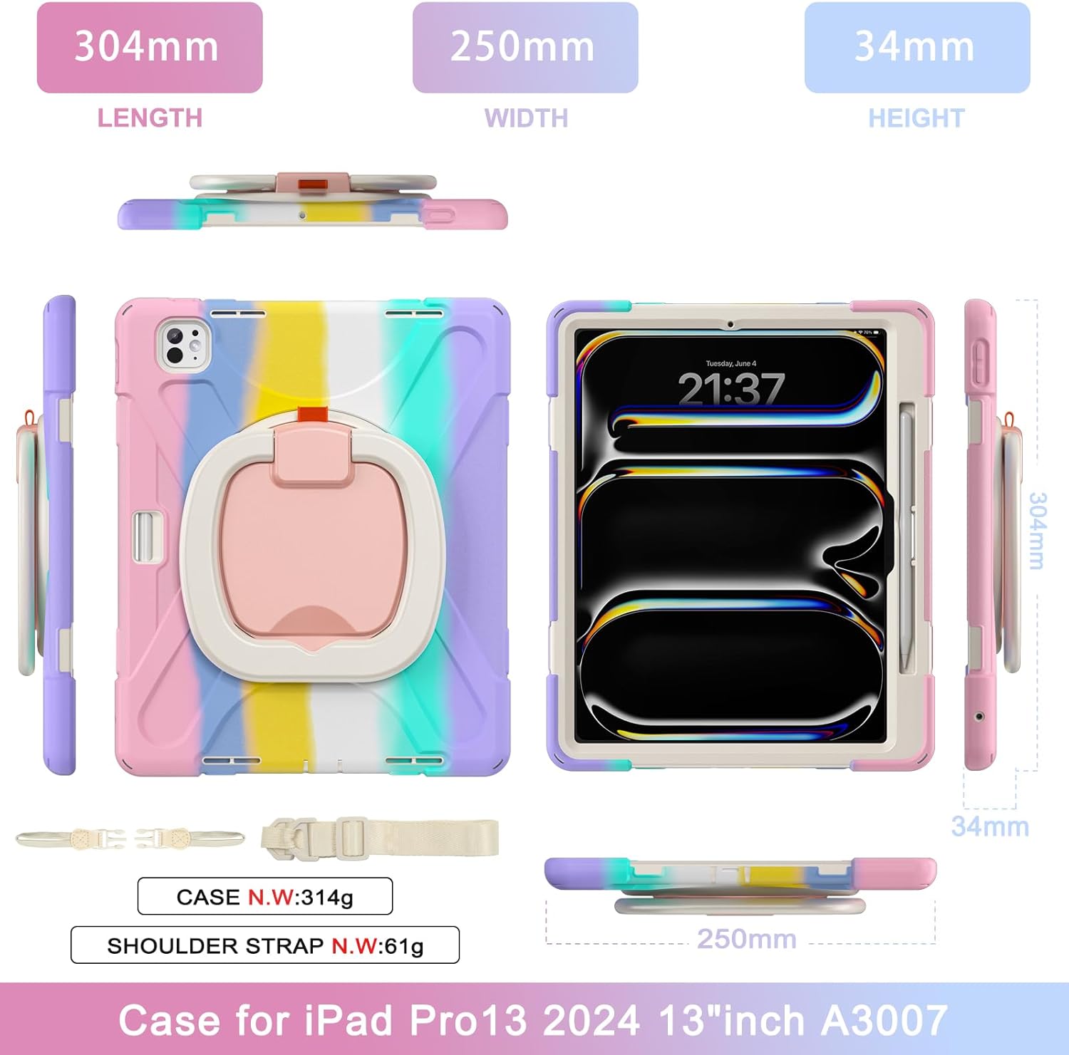 Batianda for New iPad Pro 13-inch Case 2025 M5 2024 M4 Chip Heavy Duty Rugged Durability Silicone Tablet Cover with 360° Rotating Ring Foldable Kickstand & Shoulder Strap, Colorful Pink