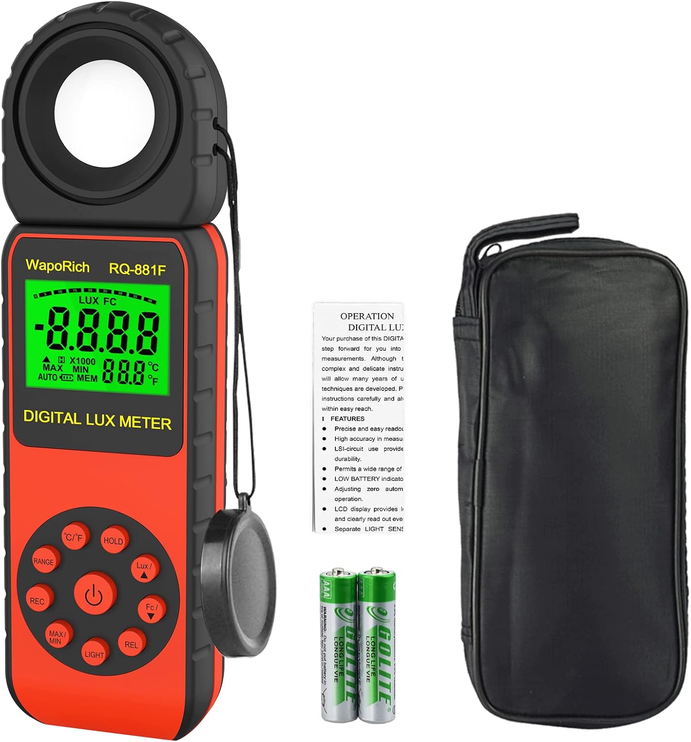 Light Meter, Illuminance Meter RQ-881F to Measure Light, Max Value Display 3999(Ranges: 1-400,000Lux), 270º Rotated Sensor, Back Light, Data Storage-Orange