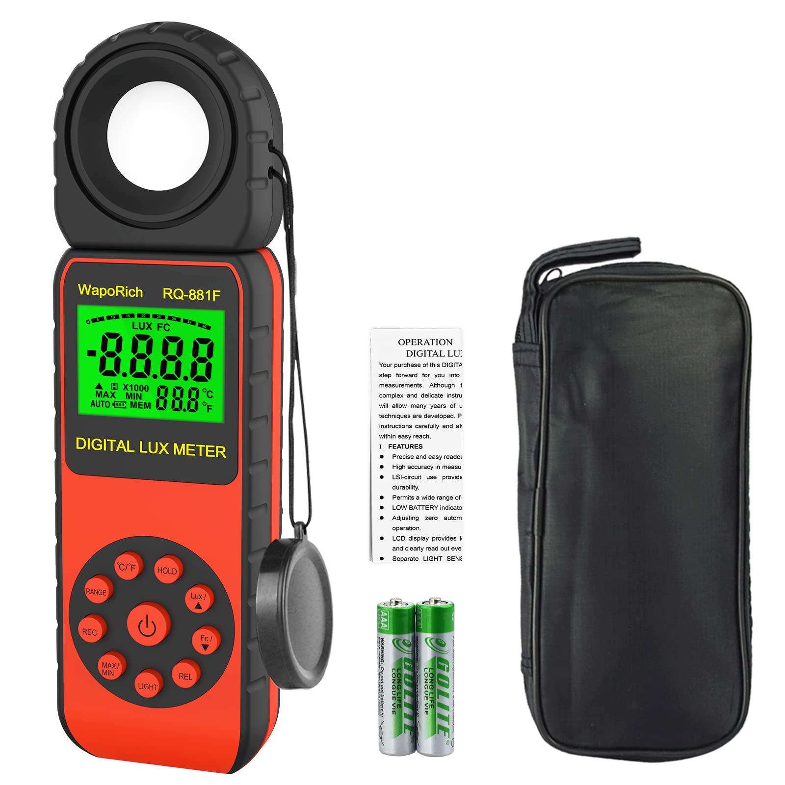 Digital Light Meter WapoRich RQ-881D Illuminance Tester w/Rotatable Sensor 1-400,000 Lux/FC for LED White Light, Plants, Photography, Home & Industrial Use