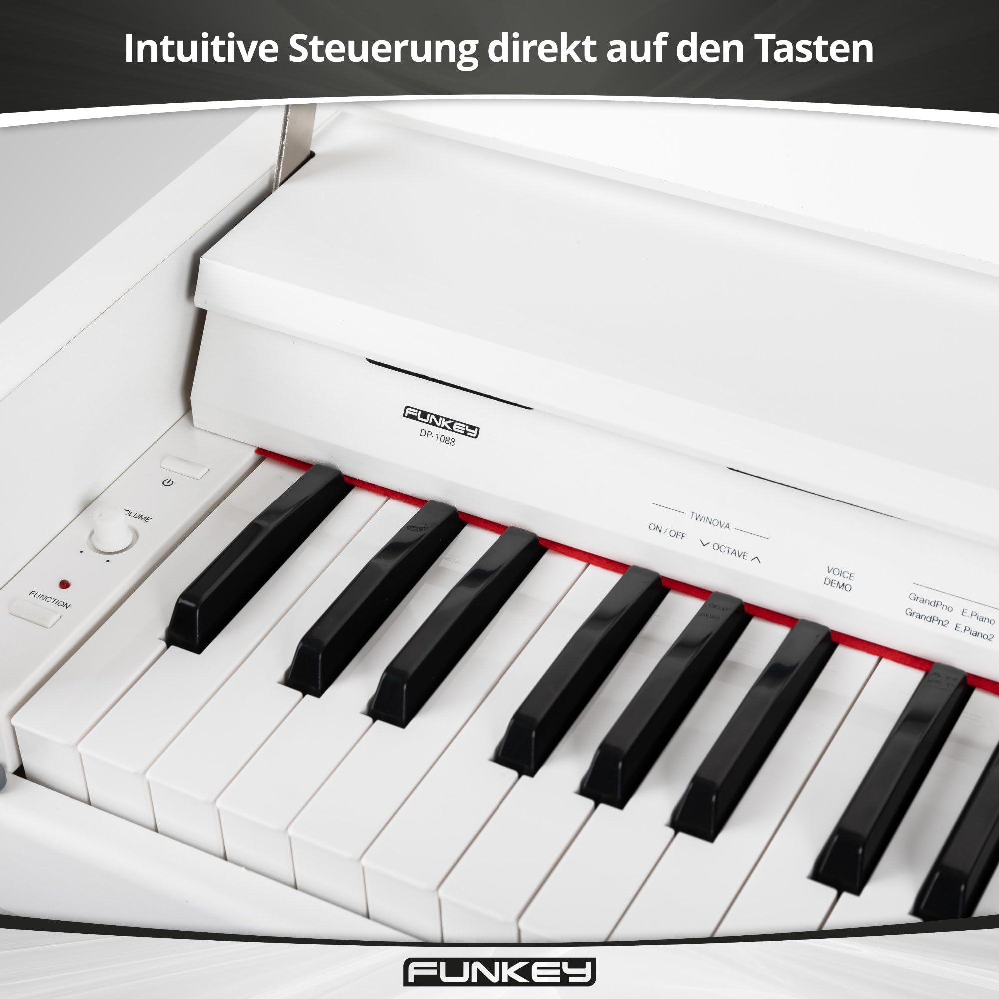Funkey DP-1088 WM Piano numerique set - 88 touches clavier fin - 20 sons, unité de pédale incluse - Banc et casque inclus - Blanc mat