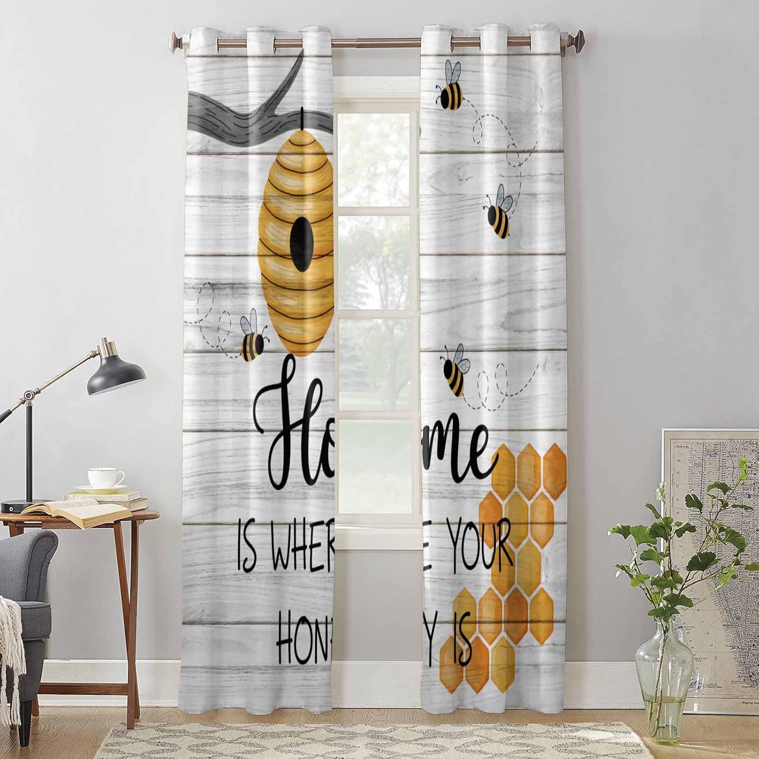 2 Panels Kitchen Curtains 96" Length for Living Room, Laundry, Bee Hive Home Is Where Your Honey Is Teen Boys Room Curtains Window Drapes with Grommet Top, Retro Wooden Stripes Grain 104W x 96L Inch