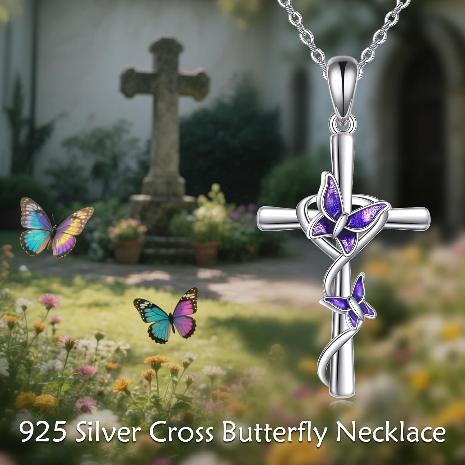 URONE Cross Necklace for Women 925 Sterling Silver Butterfly Cross Pendant Religious Jewelry Gifts - Image 6