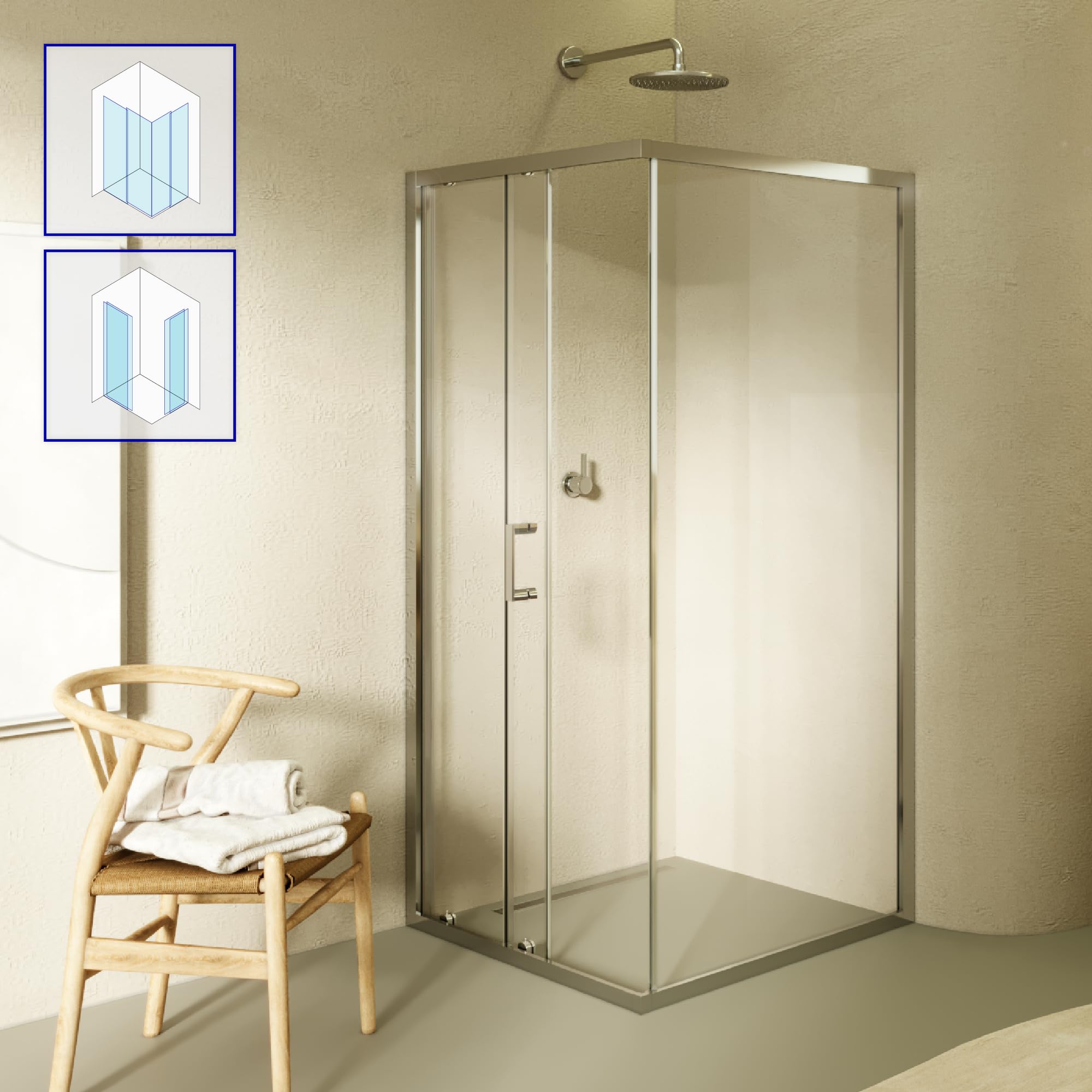 Mampara de Ducha Dora 100x100x190cm, REVERSIBLE, Puerta Corredera, Ajuste 97.5-99.5x97.5-99.5cm, Perfiles Cromados, Cristal Templado Transparente 6mm