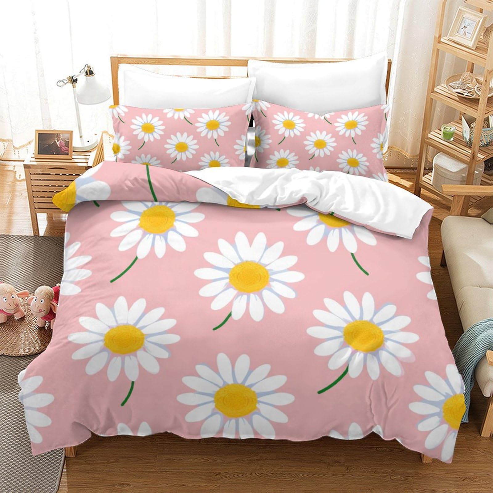 Housse de couette 260x240 marguerite 3D imprimée parure de lit 3 pièces fermeture éclair