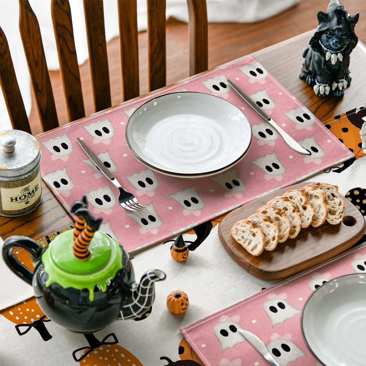 Artoid Mode Pink Stripes Ghost Halloween Placemats Set of 4-12 x 18 Inch