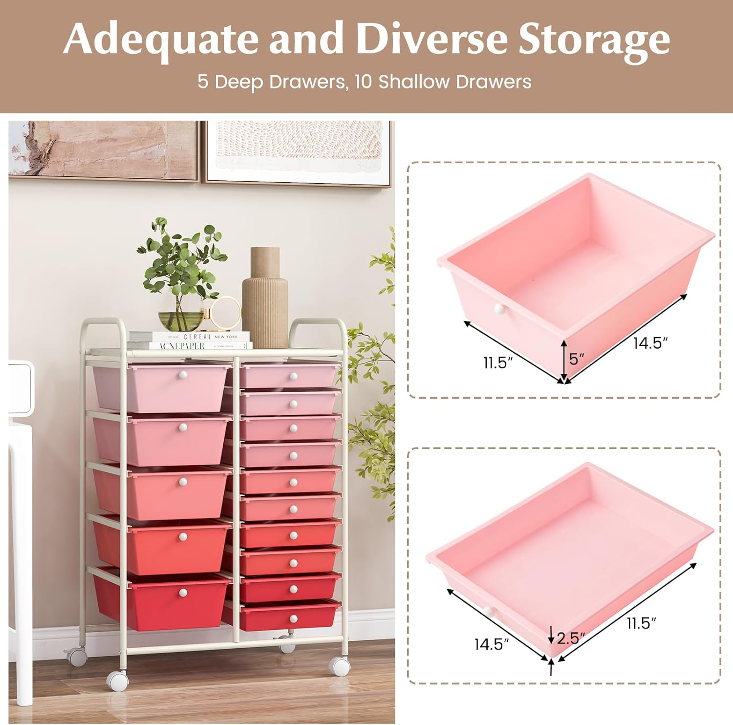 HOMGX Storage Cart with 15 Drawers, 15 Tier Multicolor Rolling Cart, File & Debris Storage Drawers on Lockable Wheels, Rolling Drawer Cart for Office/School/Home, Gradient Pink