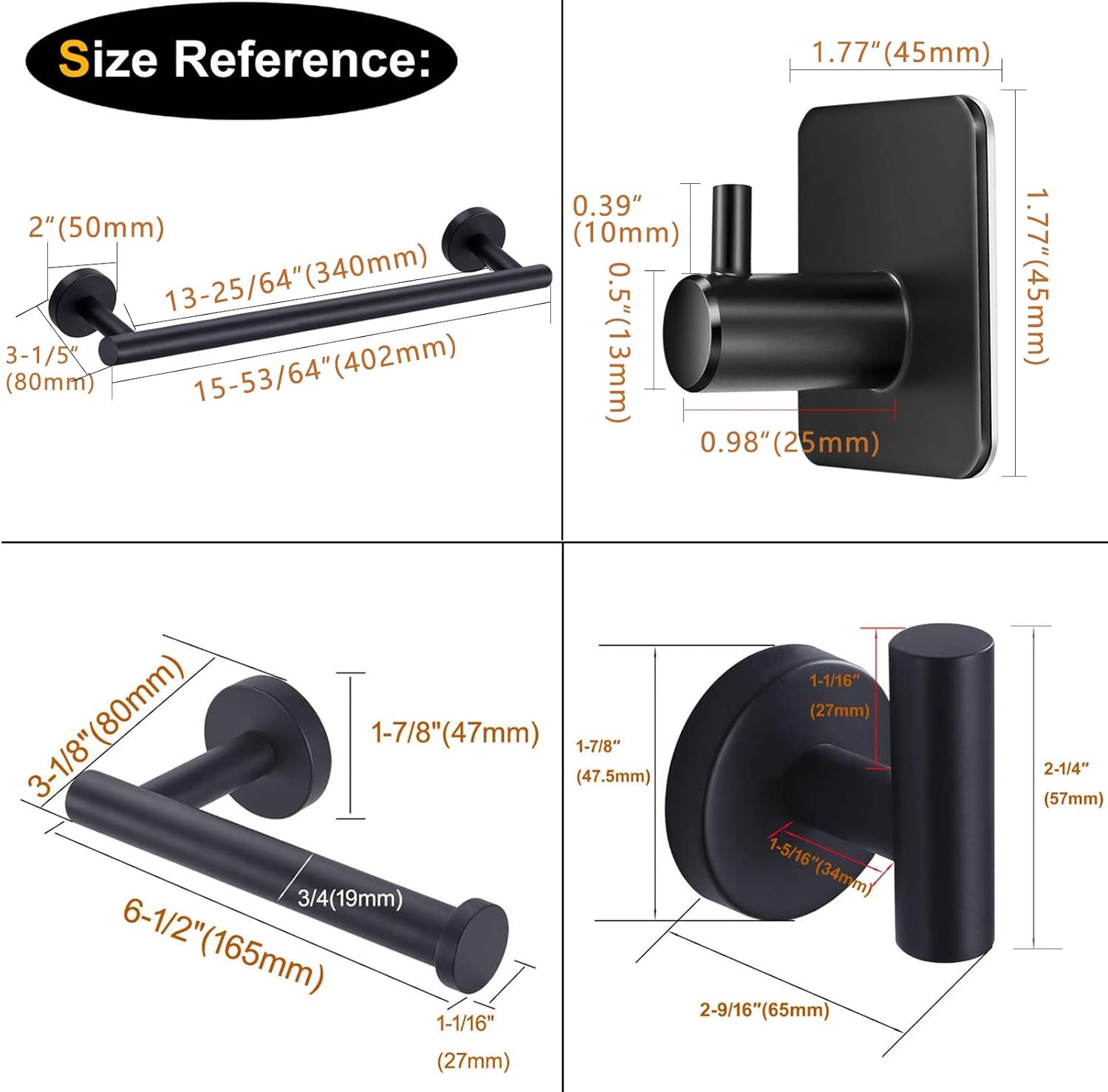 Nolimas 5Pieces Matte Black Bathroom Hardware Set Included 16" Lengthen Hand Towel Bar,Toilet Paper Holder,3pcs Robe Towel Hooks SUS304 Stainless Steel Bathroom Accessories Kit