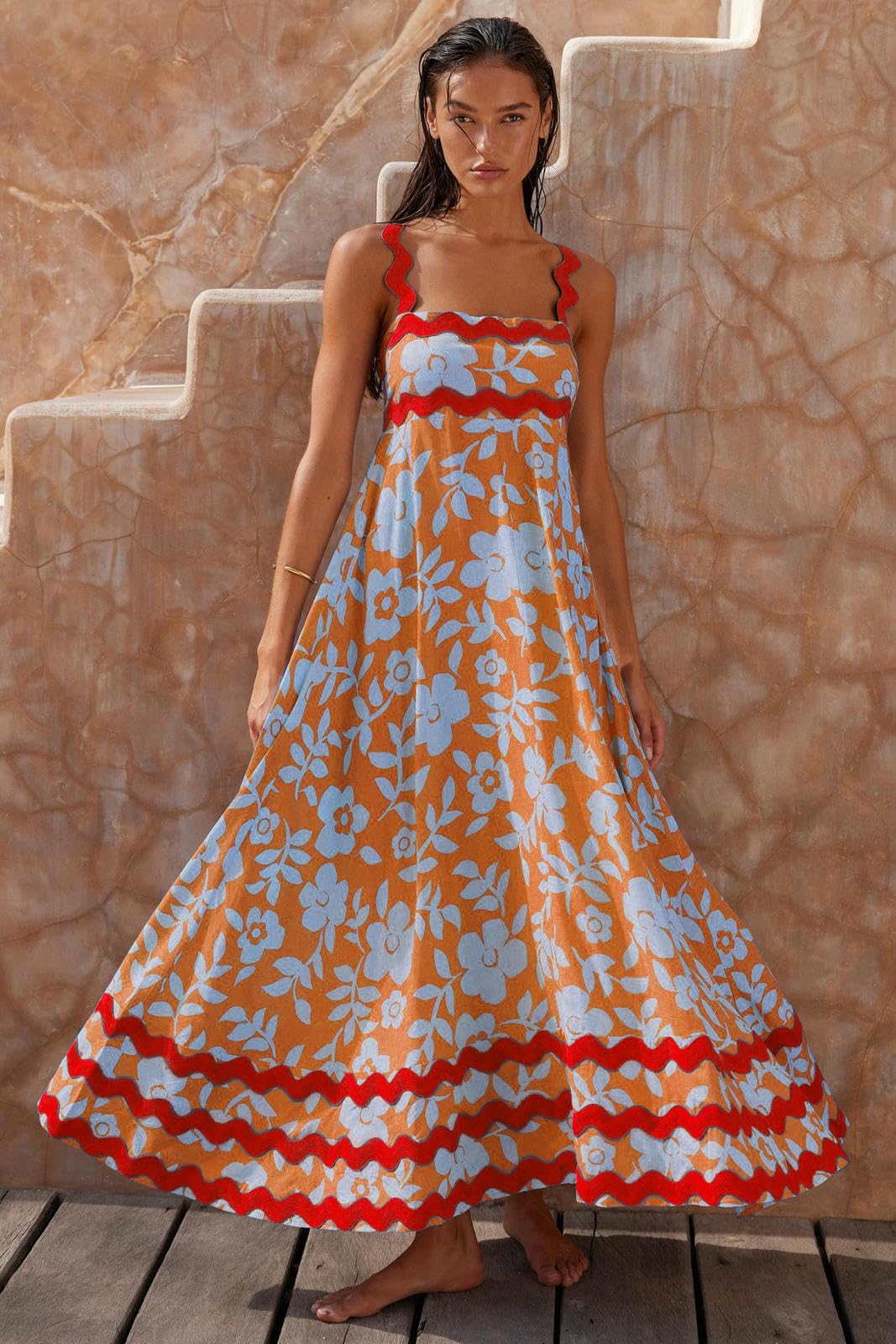 Robe Femme Boho Spaghetti pour Femmes Roule De Cou Couture Décontractée Flowy Swing Party Maxi Robe-Impression du Fond Orange-l