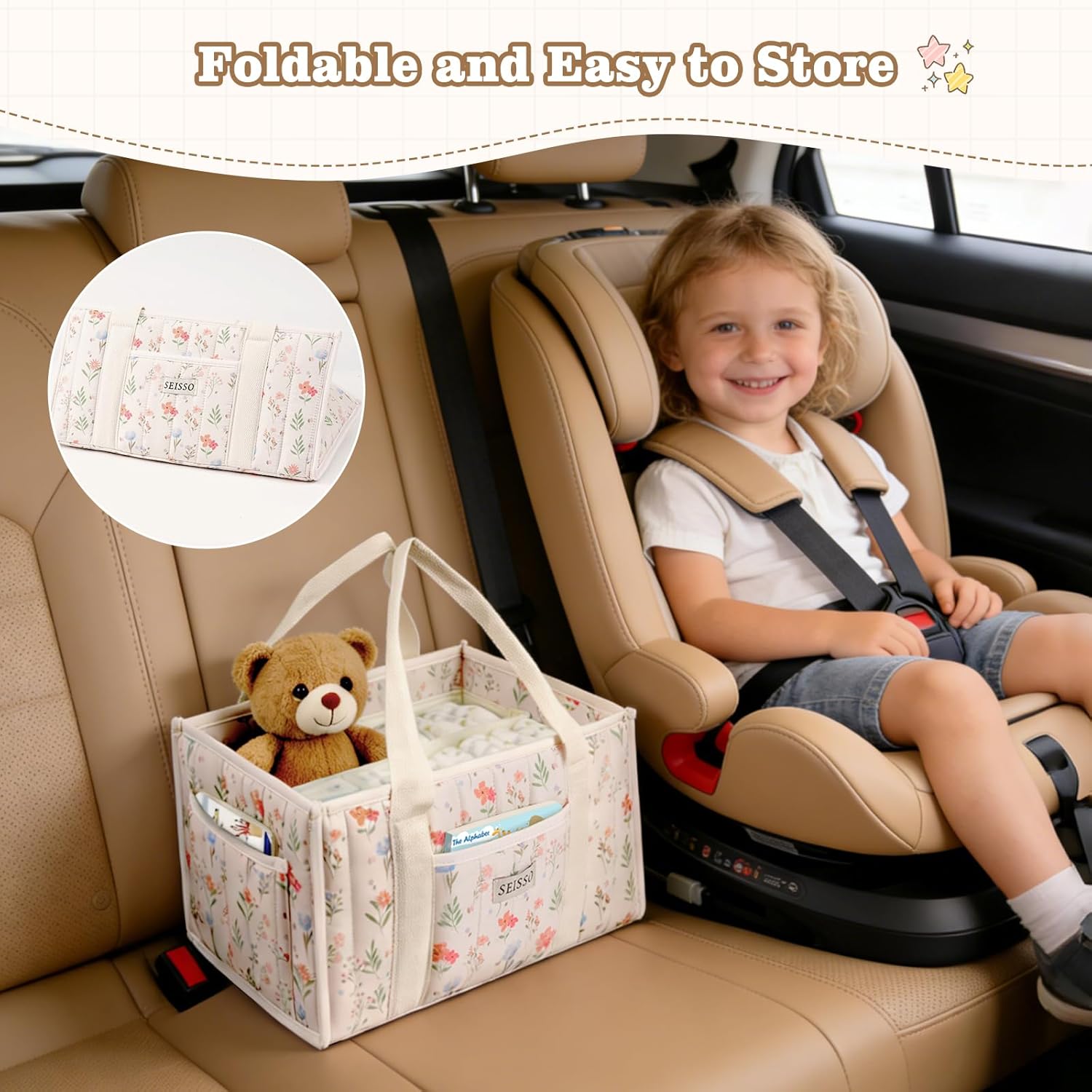 SEISSO Diaper Caddy Organizer with Handle, Portable Baby Gift Basket, Floral Diaper Organizer Nursery Storage Bag, Newborn Girl Boy Essentials, Gift for Baby Shower