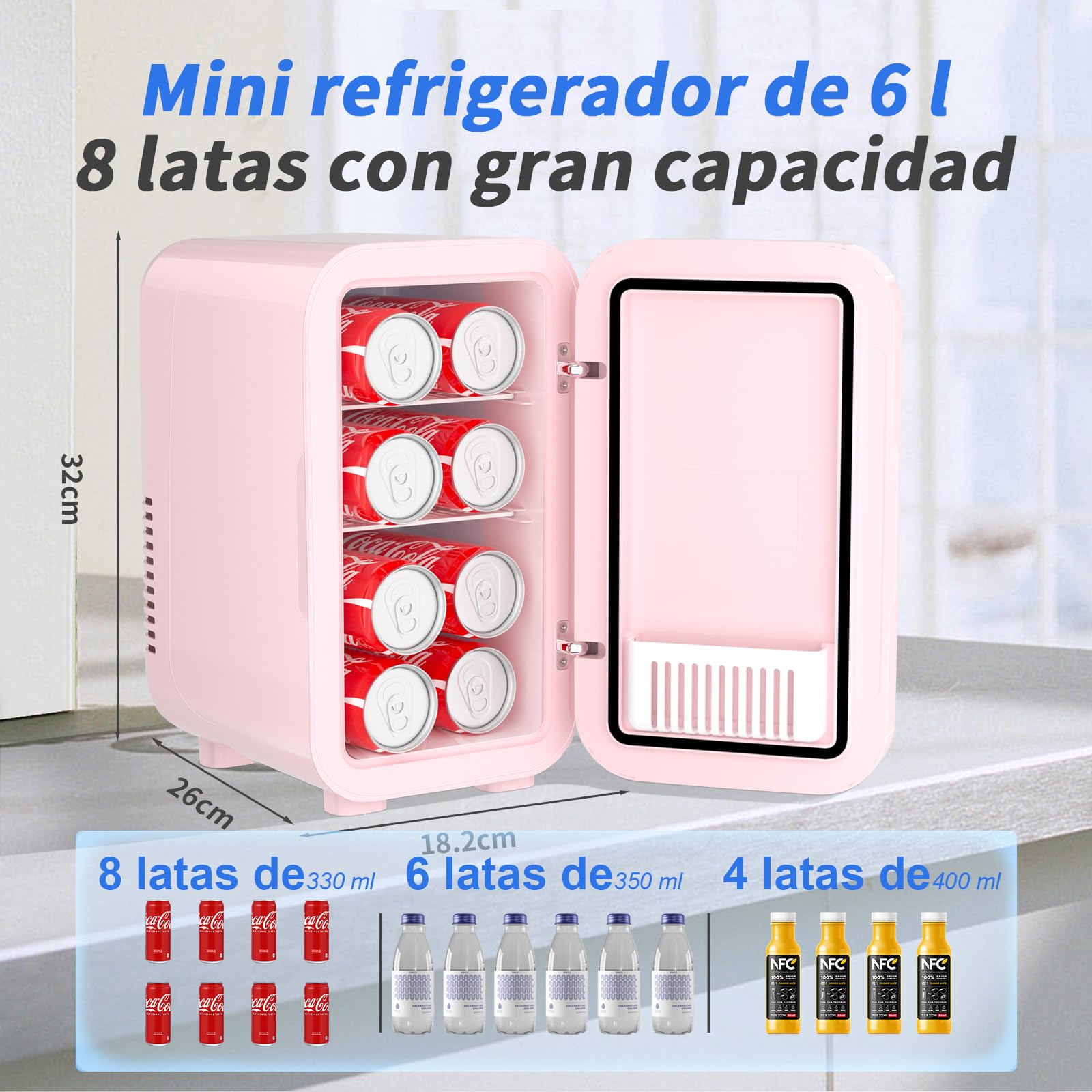 YASHE Mini nevera de 6 litros/8 latas, 220 – 240 V CA/CC, Refrigerador termoeléctrico portátil, Refrigerador para dormitorio, cuidado de la piel, bebidas, oficina, dormitorio y coche, Rosa