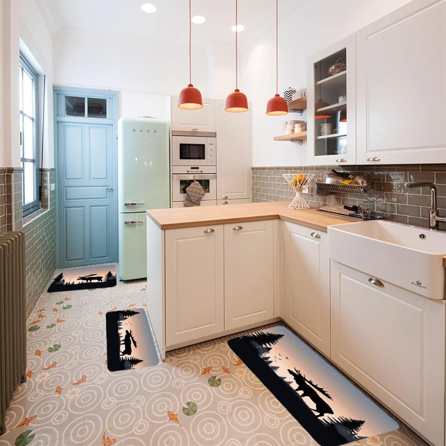 Moose Mountain Pine Tree Wilderness Kitchen Mats Soft Absorbent Rugs for Floor Non Slip Washable Kitchen Mats Fashion Rectangular Rugs for Three-Piece Set for Laundry Office Home Sink