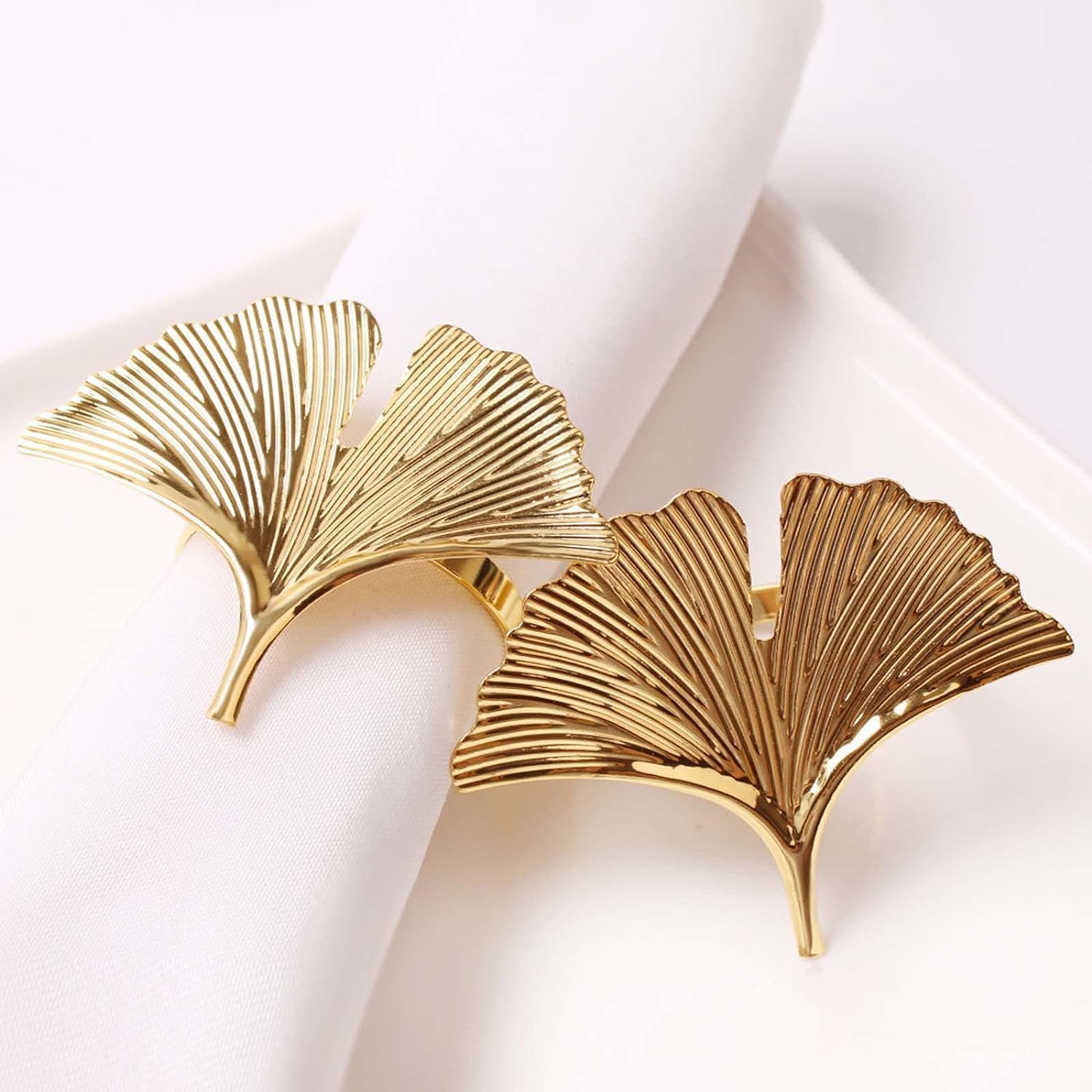 Jolitee Set of Four Ginkgo Leaf Gold Napkin Rings - Elegant, Heavy-Weight Metal, Versatile Table Accessory for Weddings, Holidays, and Everyday Use, 5.7cm/2.24inch x 4.7 cm/1.85inch
