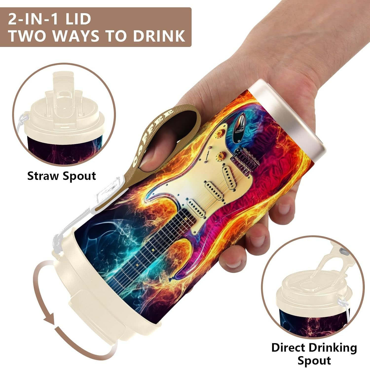 Guitar Fantasy Fire Insulated Coffee Mug with Straw & Flip Lid, 16.9oz Iced Tumbler Cup, Double Wall Vacuum Leak-Proof Mug for Travel Office