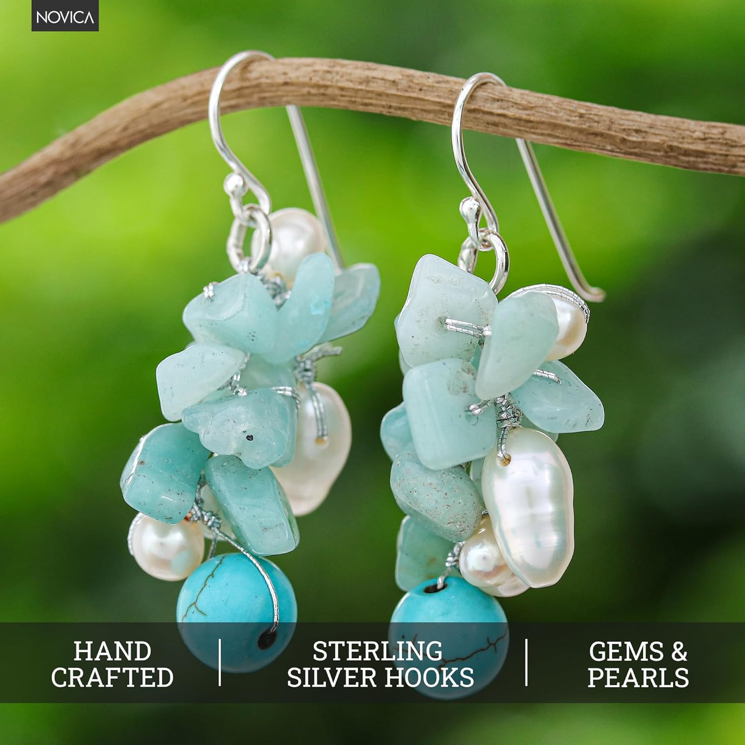 NOVICA Artisan Handmade Beaded Quartz and Cultured Pearl Earrings | Blue Thailand Jewelry | 'Phuket Beach' | 1.8" L x 0.8" W