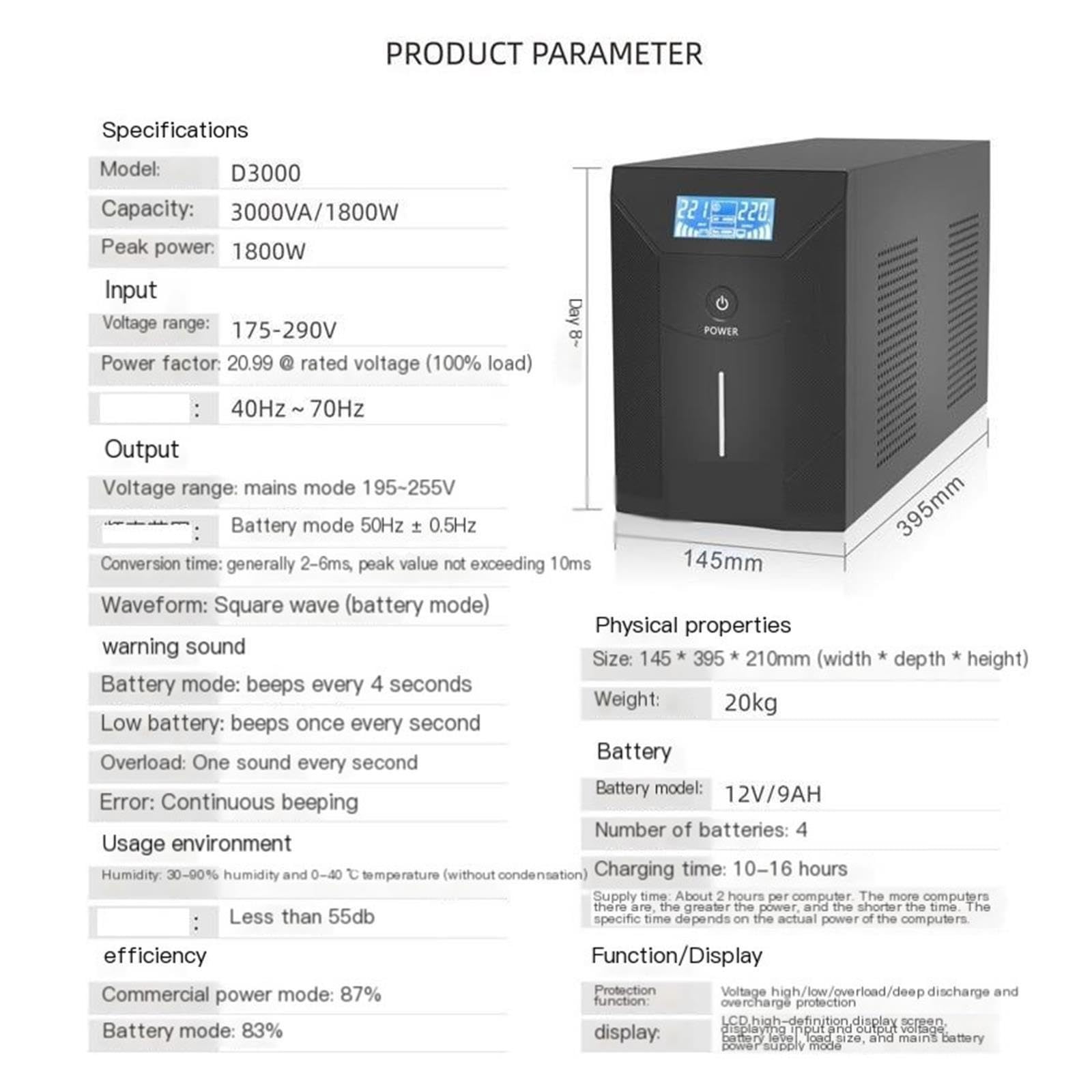Fuente de alimentación ininterrumpida, Servidor D3000 3000VA UPS 1800W