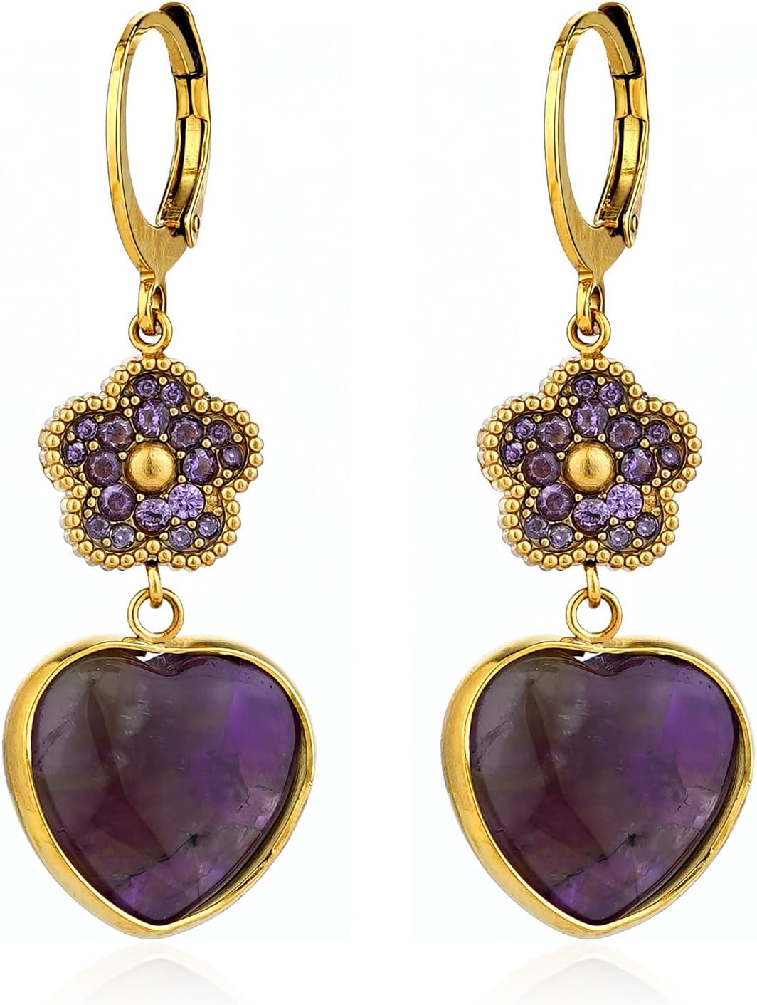 AmethystHeart Earrings Dangle Hoop Earrings for Women 18K Gold Plated Trendy Cubic Zirconia Bling Jewelry Hypoallergenic