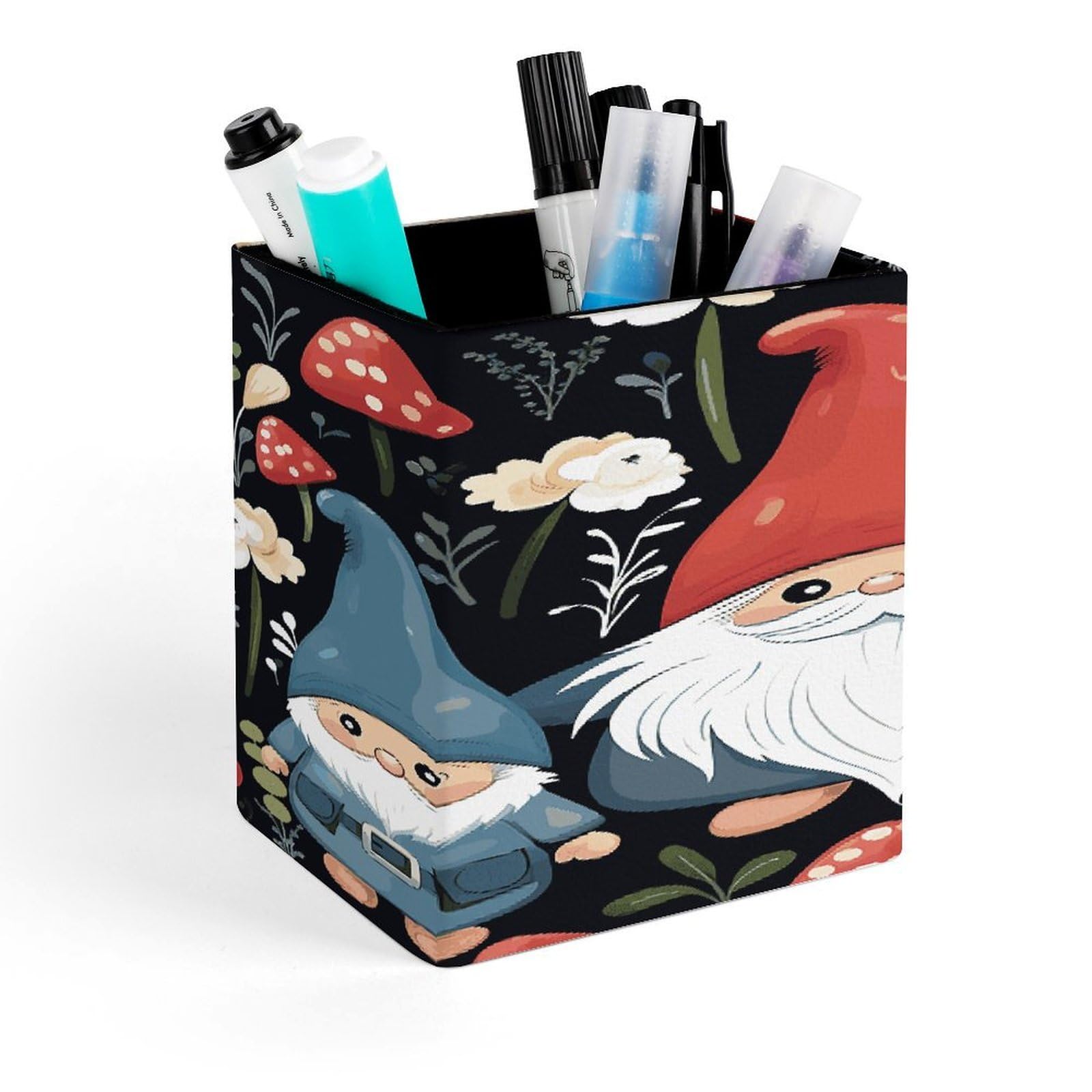 FekiLoot Square Cute Gnomes Pen Holder PU Leather Pencil Cup Desk Organizer Cute Makeup Brush Storage Organizer Modern Design Office Accessories Container Box 4.3x 3.5x 3.1 in