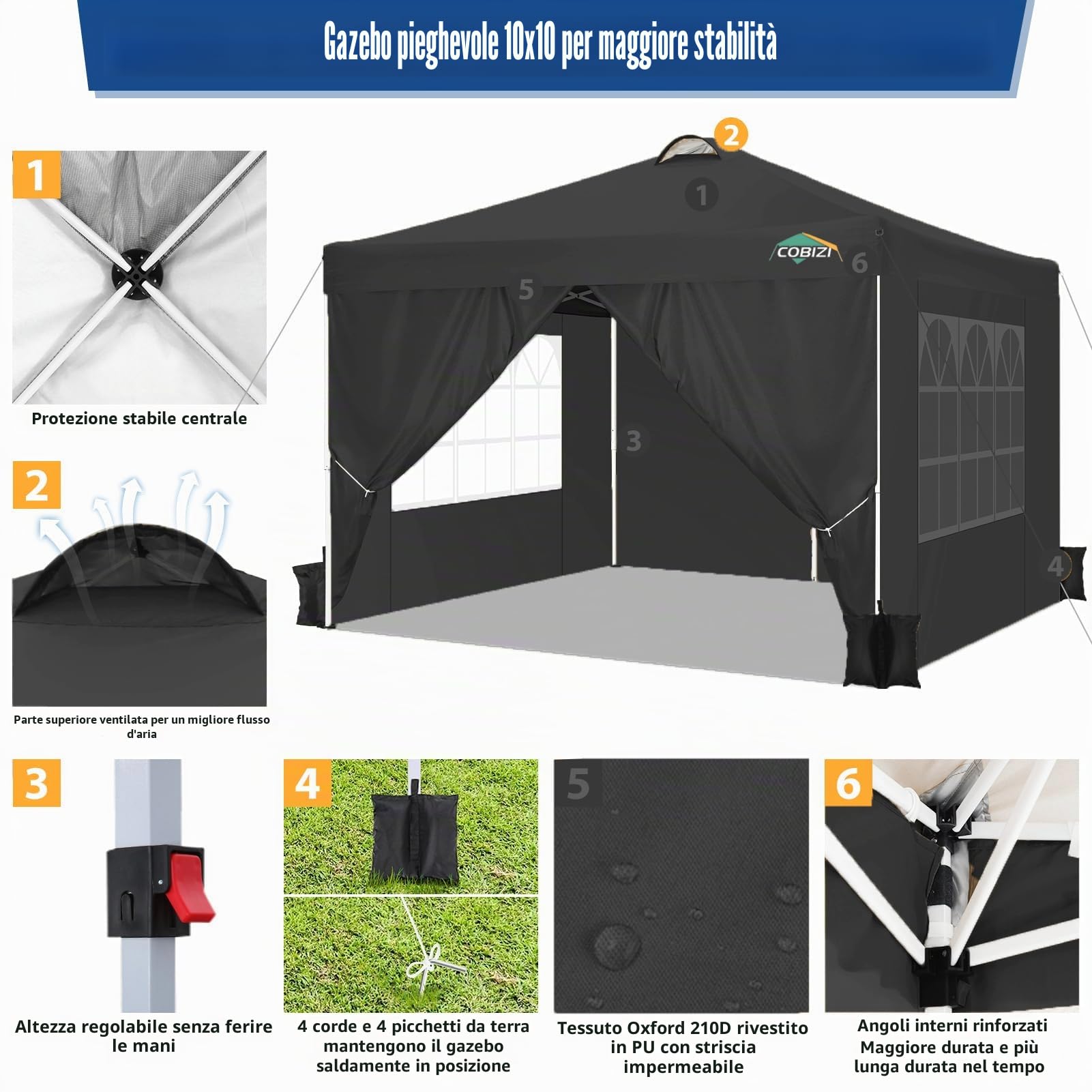 COBIZI Gazebo 3x3m Pieghevole con 4 Parti Laterali,da Esterno in Ferro Regolabile in Altezza Tendone Pieghevole con Telo Impermeabile,Protezione UV impermeabile di base 50+(nero)
