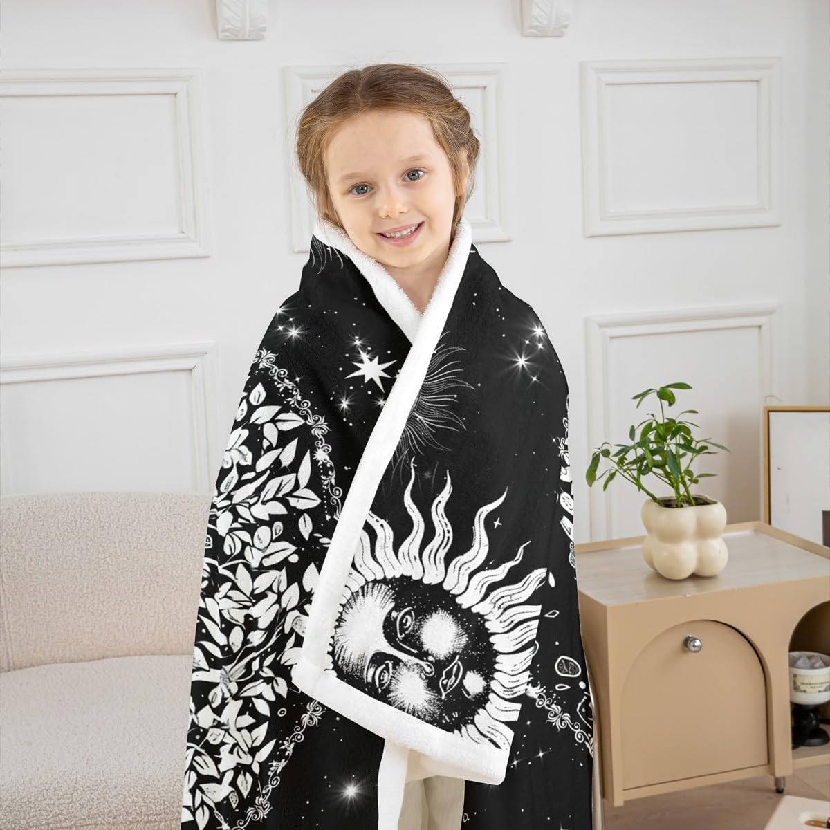 Castle Fairy Life Tree Plush Blanket,Abstract Sun Moon Stars Galaxy Space Bed Blanket Home Decor Gift,Mystic Modern Style Fuzzy Blanket Office Chair, X Size (40 x 50 Inch)