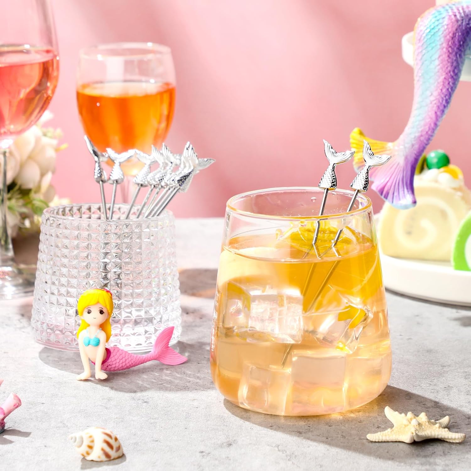 Chengu 10 Pcs Stainless Steel Mermaid Tail Cocktail Picks Reusable 4.8 Inches Mermaid Tail Cocktail Sticks for Appetizer Drinks Martini Metal Skewers Picks for Mermaid Theme Birthday Party Supplies