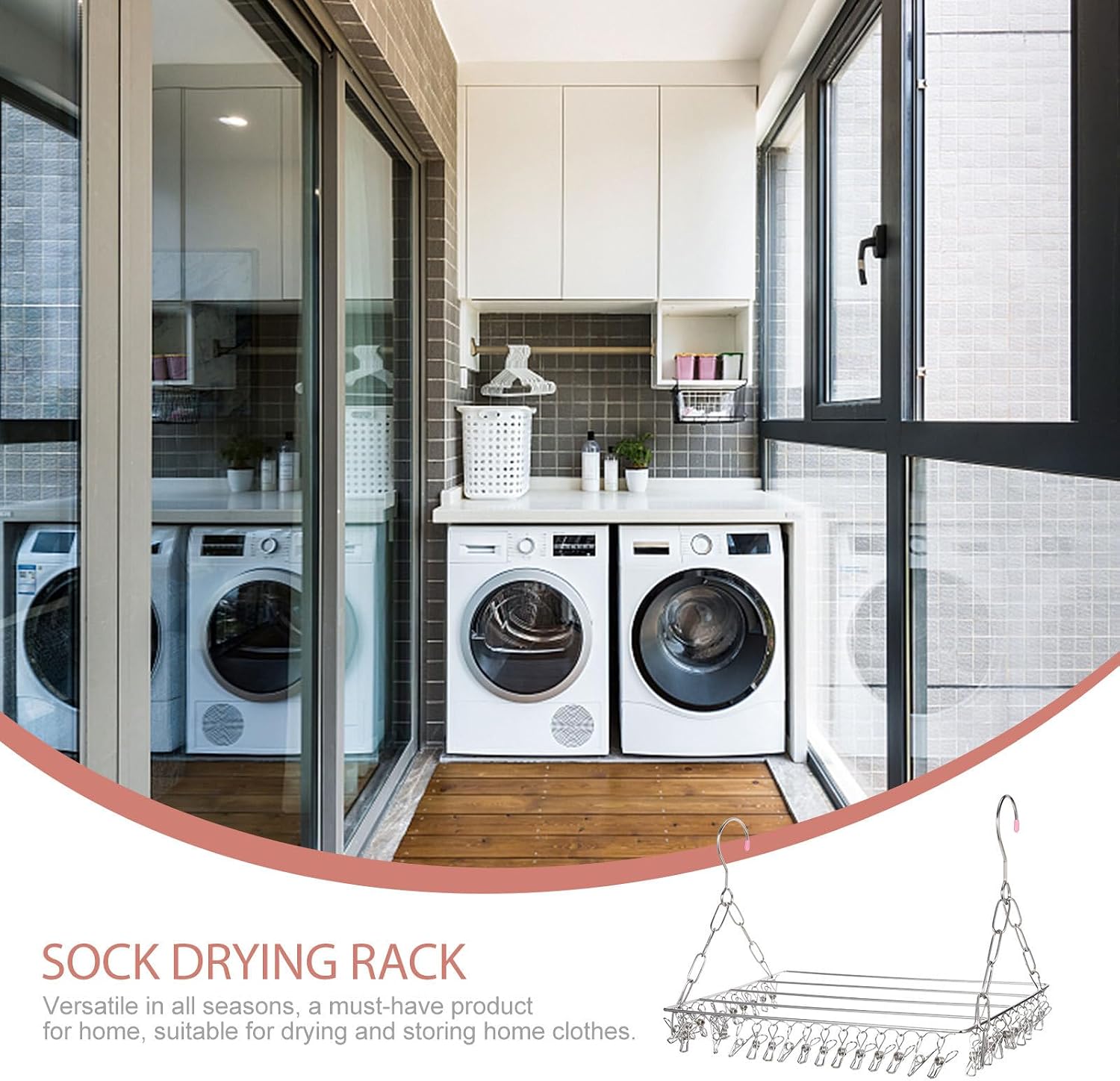Multi-Function Stainless Steel 36-Clip Clothes Drying Rack Windproof Hanging Laundry Shelf for Socks, Clothes, and Underwear Balcony Use