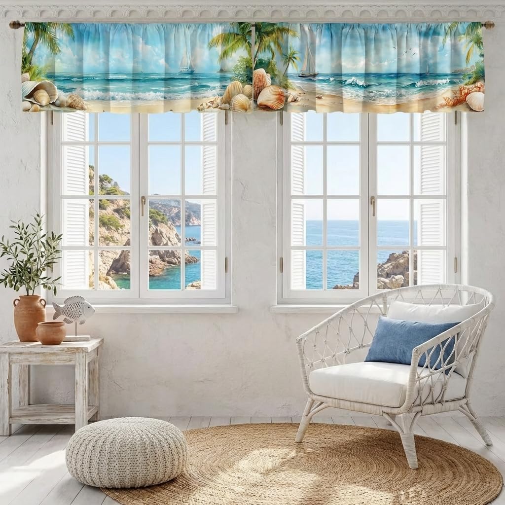 Beach Ocean Curtain for Windows 2 Pack,Tropical Palm Shell Sailboat Rod Pocket Window Treatments Short Curtains for Kitchen Windows Bathroom Bedroom 54x18 (Beach Ocean)
