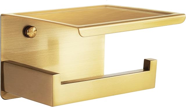 HITSLAM Brushed Gold Toilet Roll Holder with Phone Shelf, Stick on Brass Toilet Paper Holder for Bathroom, SUS 304 Stainless Steel, Two Installation of Self-Adhesive and Wall Mounted