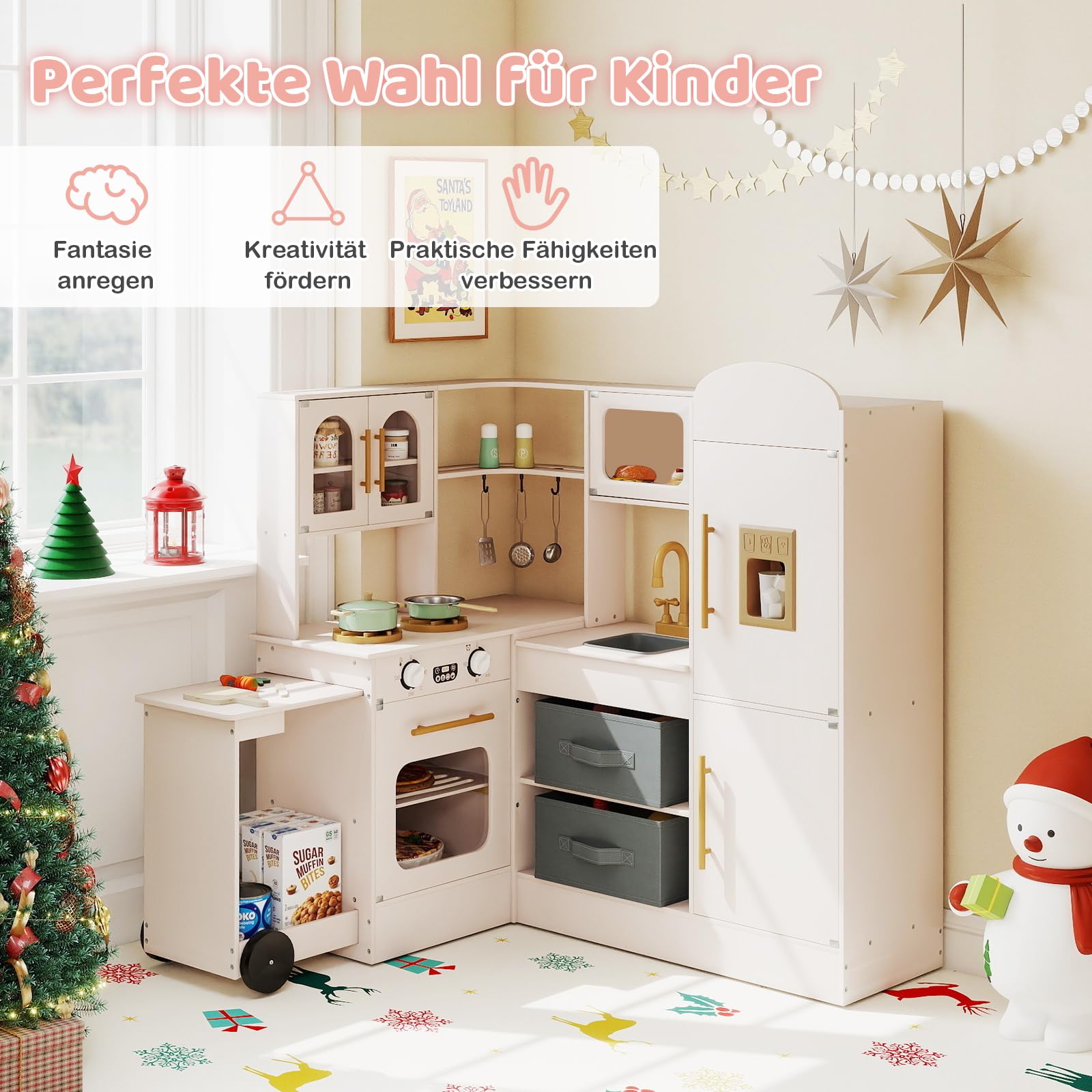 GOPLUS Kinderküche, Spielküche Holz mit Licht & Sound, Eck Puppenküche mit ausziehbarem Wagen, Stoffkörben, Spüle, Herd, Kühlschrank, Ofen & Zubehör, Spielzeugküche für Kinder ab 3 Jahren (Rosa)