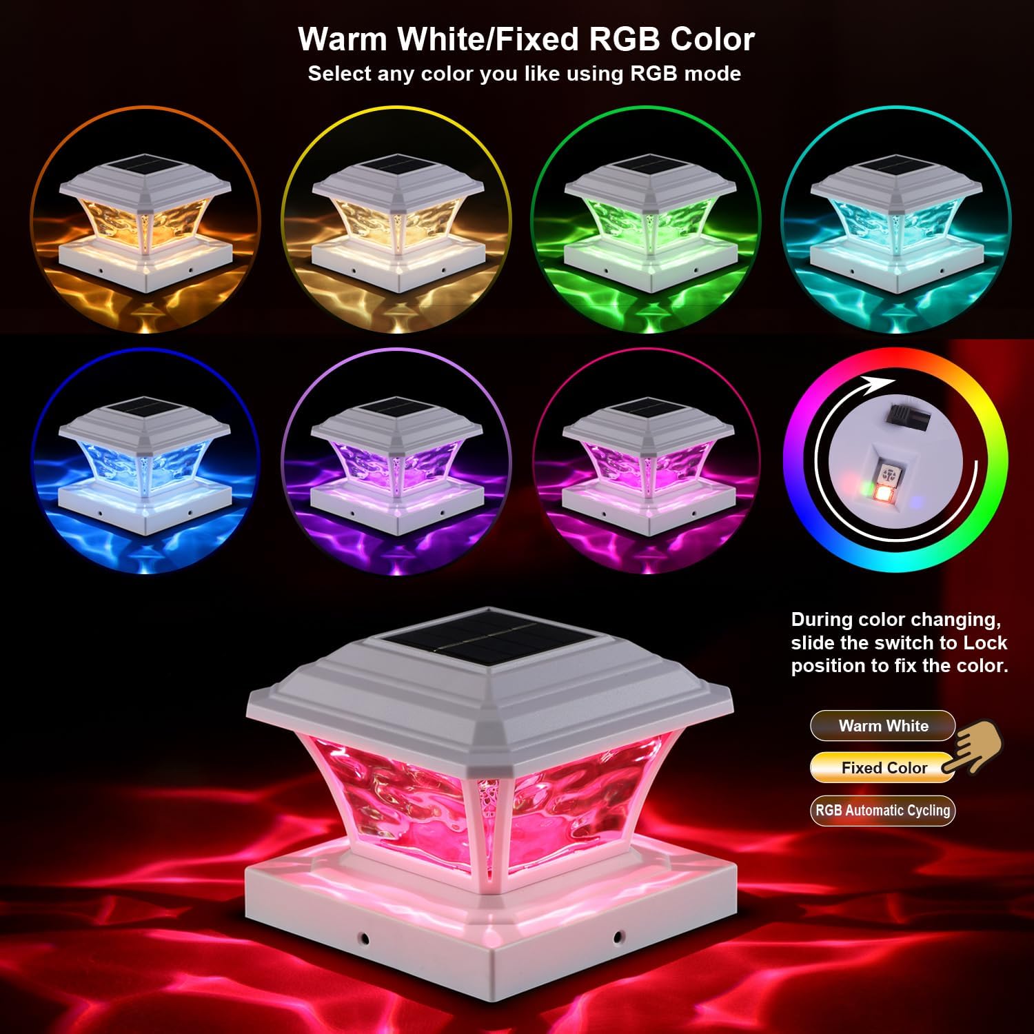 Solar Post Cap Lights, Warm White/RGB Automatic Cycling/Fixed RGB Color, 9 Colors to Choose, 20 Lumens Fence Post Solar Lights for 3.6x3.6 4x4 4.5x4.5 5x5 Wooden/Vinyl Posts, White 2 Pack