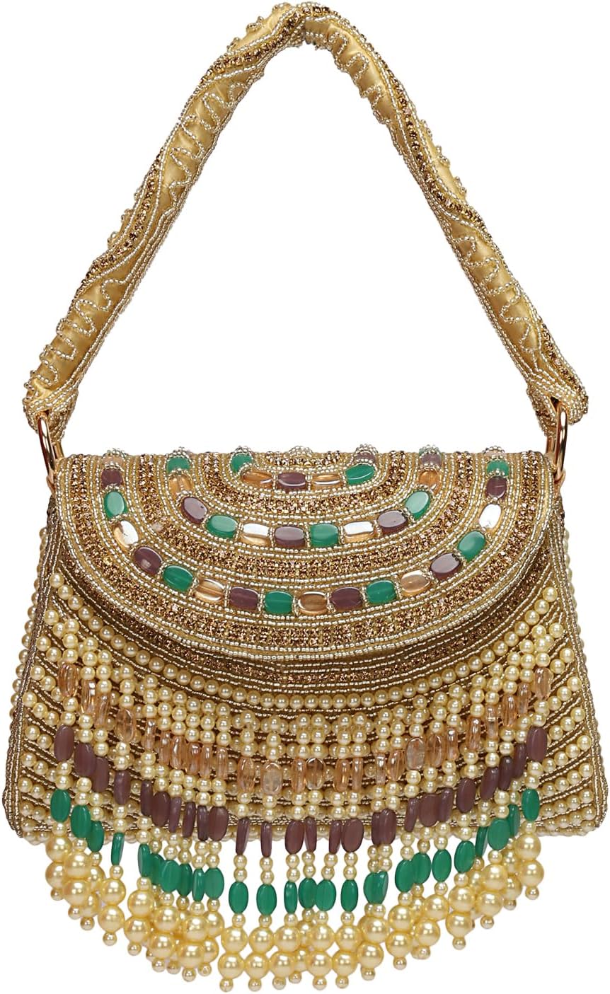 LONGING TO BUY Beaded Box Clutch Handbag, Gold, Pearl and Gemstone Embellished, Tassel Detail, 8.2 x 3 x 5.2 Inch