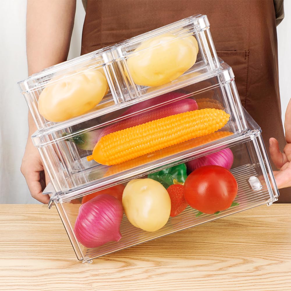 Juego de 7 organizadores de refrigerador apilables con tapas, juego de contenedores de almacenamiento de plástico transparente, frutas, verduras