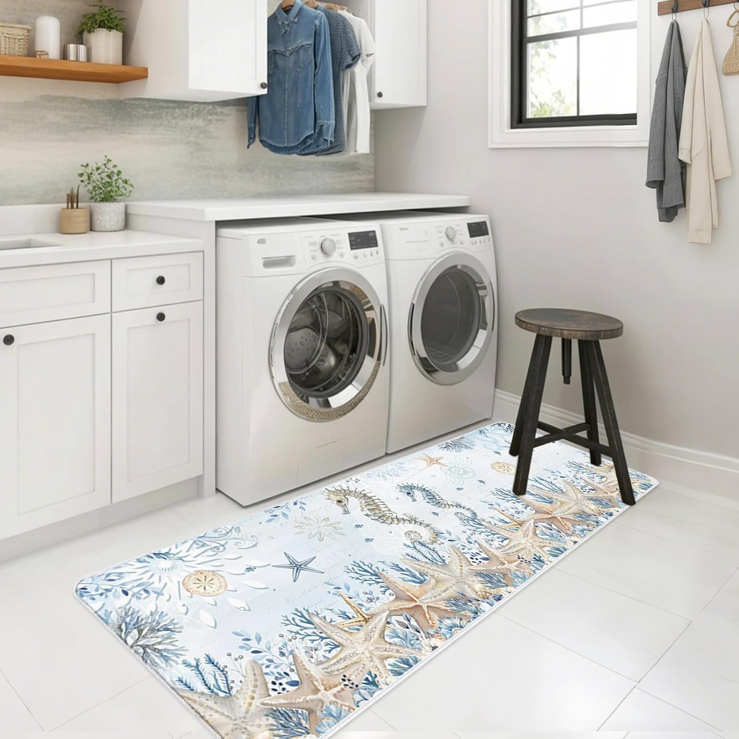 Marine Life Kitchen Mats Set of 2 Watercolor Ocean Seahorse Coral Starfish Seashell Coastal Non Slip Mat Washable Floor Rug for Kitchen Sink Floor Laundry, 20"x24"+20"x48"