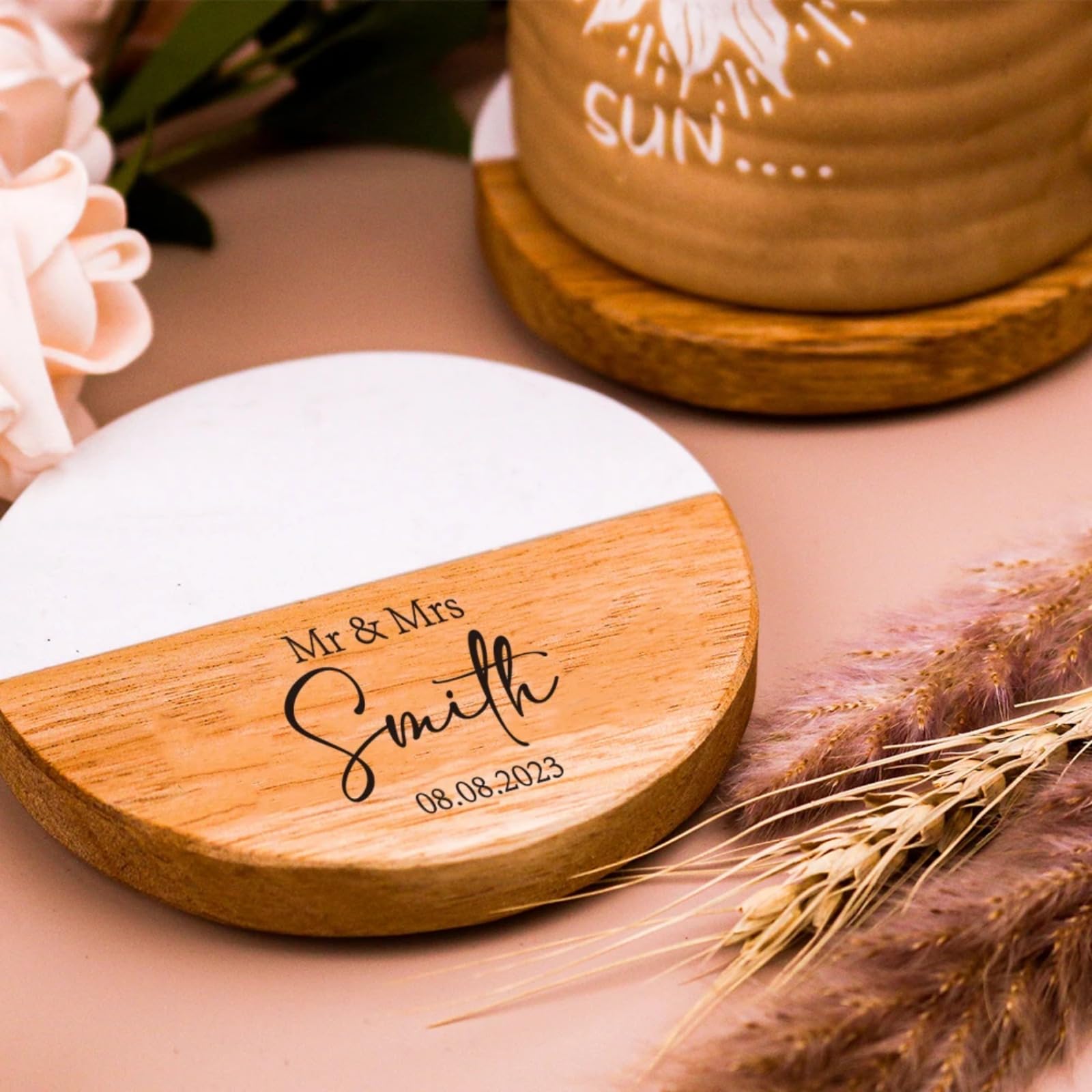 ZXH Posavasos de madera personalizados para regalos de boda, con nombre personalizado, grabado, decoración de boda, regalo de inauguración de la casa, decoración de cocina (6 piezas)