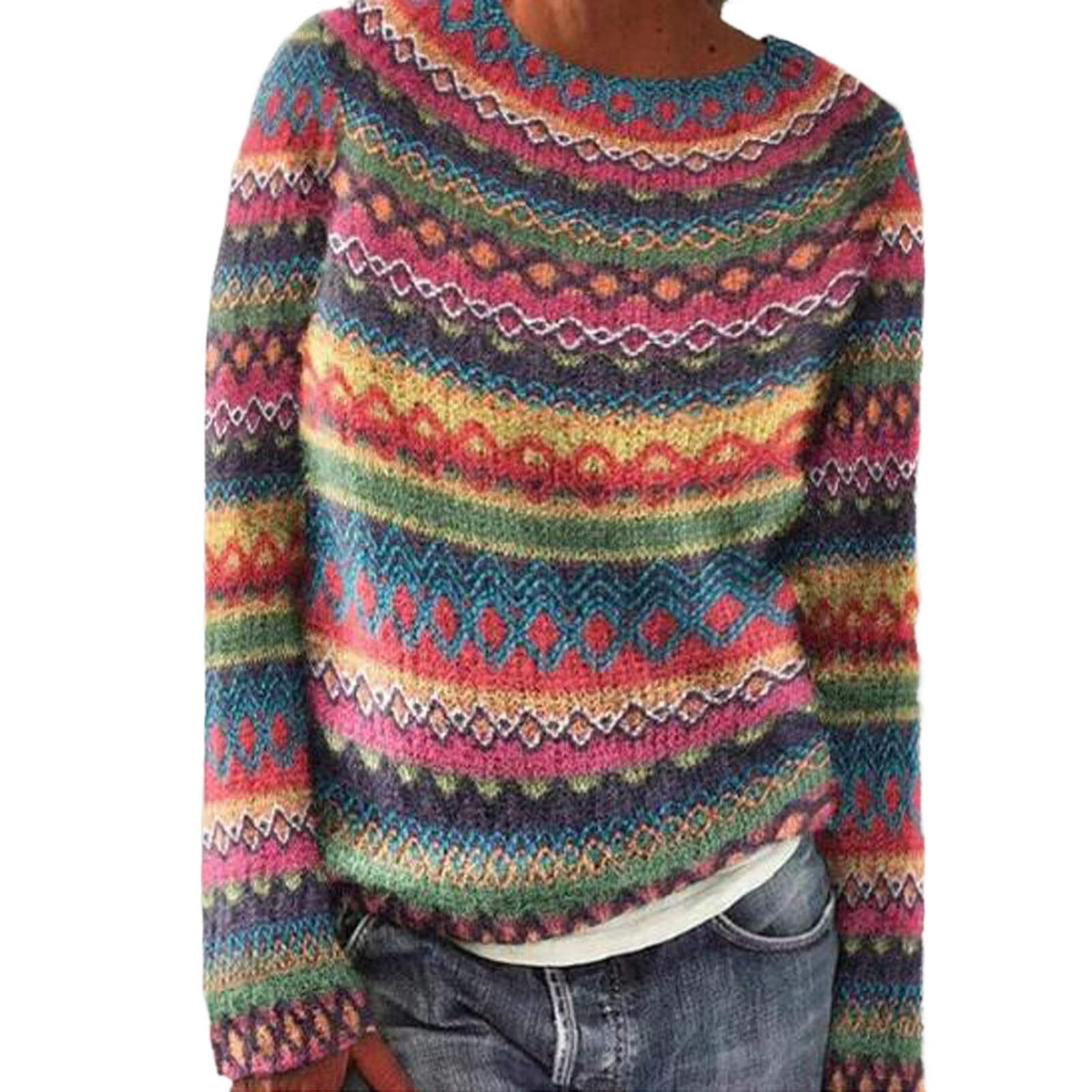 Fair Isle Sweater Women Vintage Cable Knit Long Sleeve Crewneck Colorful Striped Pullover Fashion Holiday Tops