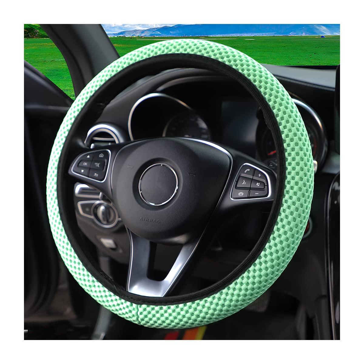 Moly MagnoliaElastic Stretch Steering Wheel Cover, Universal 15 Inch Auto Steering Wheel Cover, Microfiber Breathable Ice Silk, Anti-Slip, Odorless,Warm in Winter and Cool in Summer (Green)