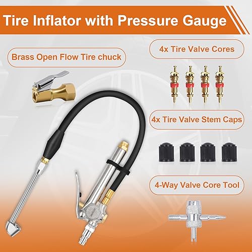 Miniatura 2 de SAFELIFE Inflador de neumáticos de alta resistencia con medidor de presión, manómetro deslizante de latón de 120 PSI, manguera de aire de 18