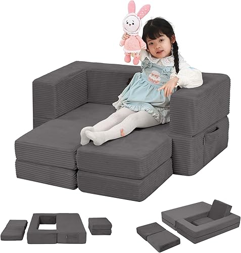 Miniatura 90 de MeMoreCool Sofá modular para niños, sofá convertible suave para niños, silla de espuma de felpa plegable gris para diversión en la sala de juegos de